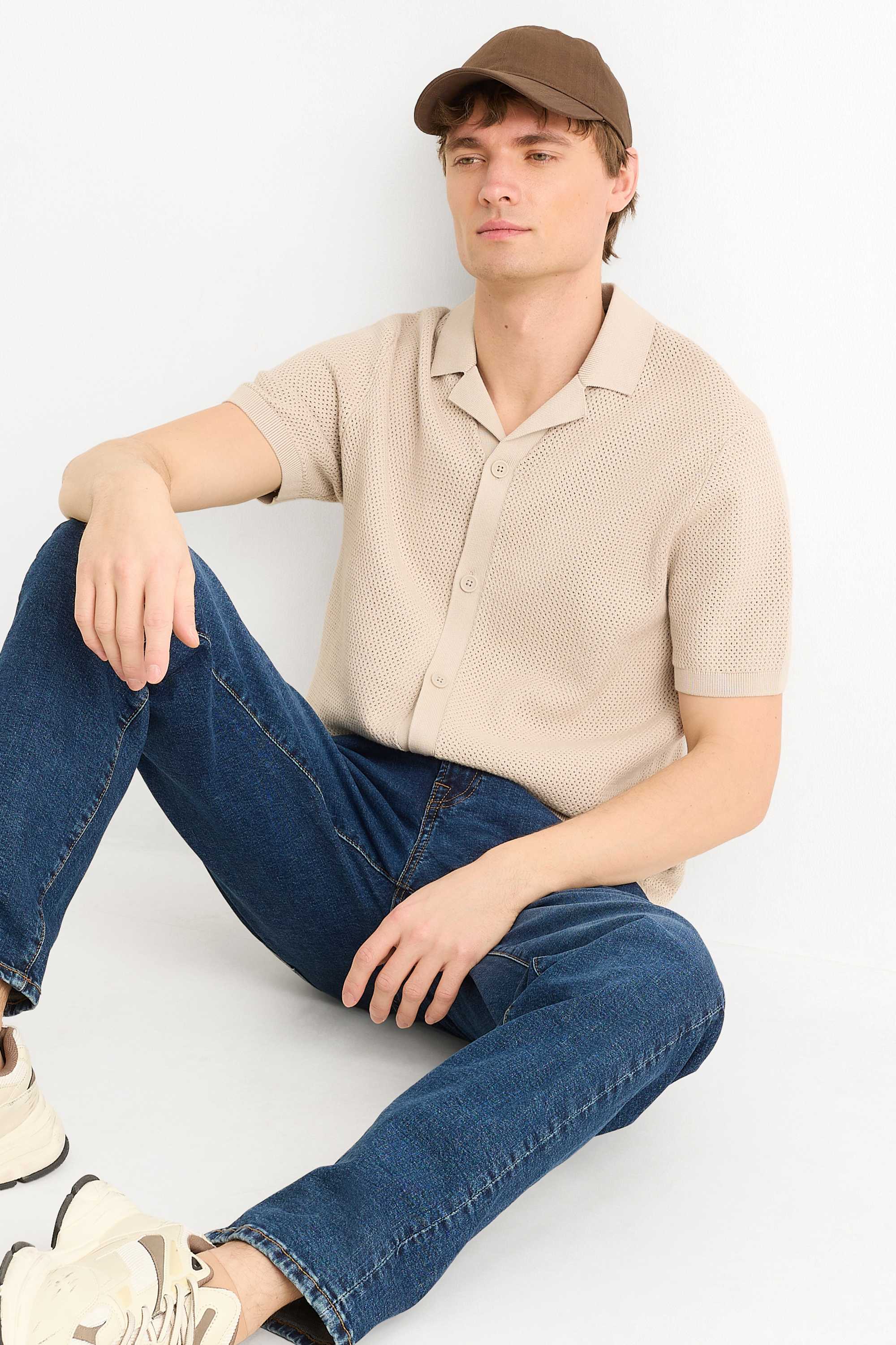 Knitted shirt - regular fit - lapel collar light beige