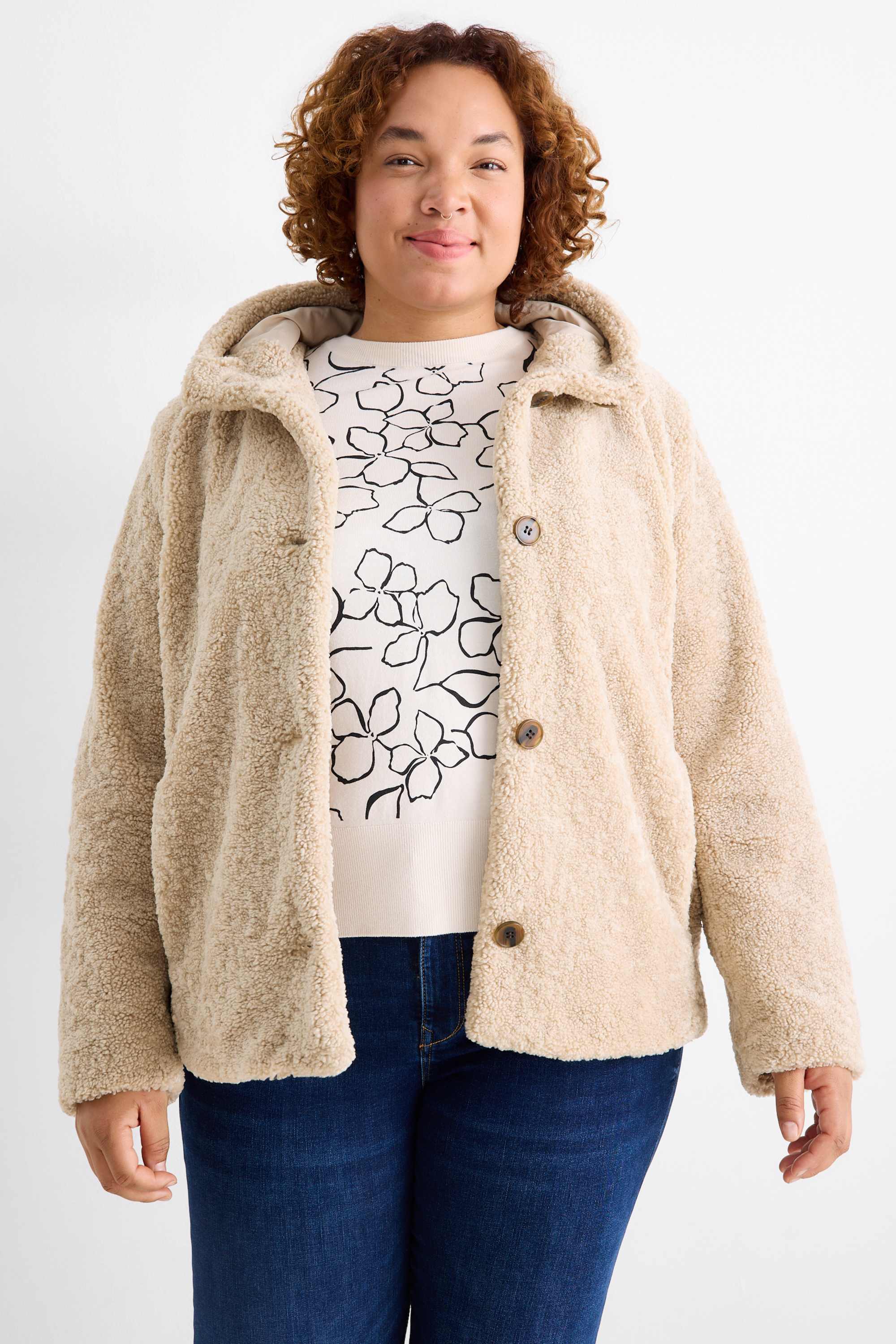 Faux fur jacket with hood beige