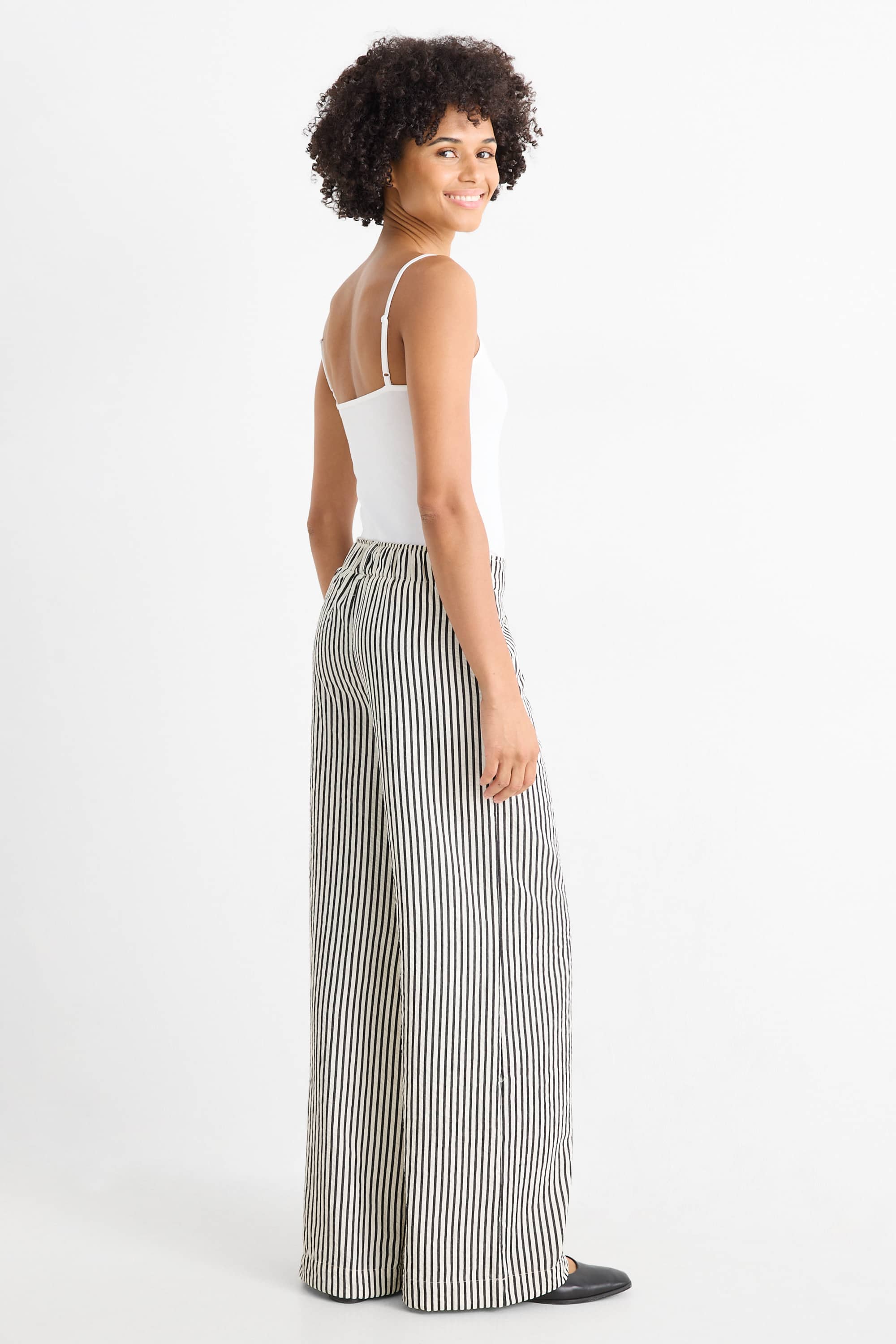 Cloth trousers - high waist - wide leg - striped black / beige