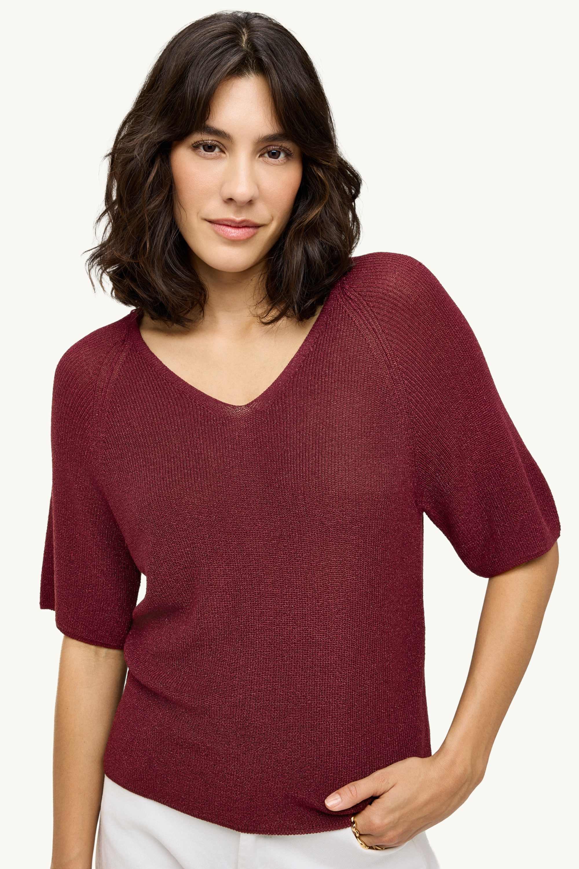 Knitted jumper - short sleeve - shiny dark red