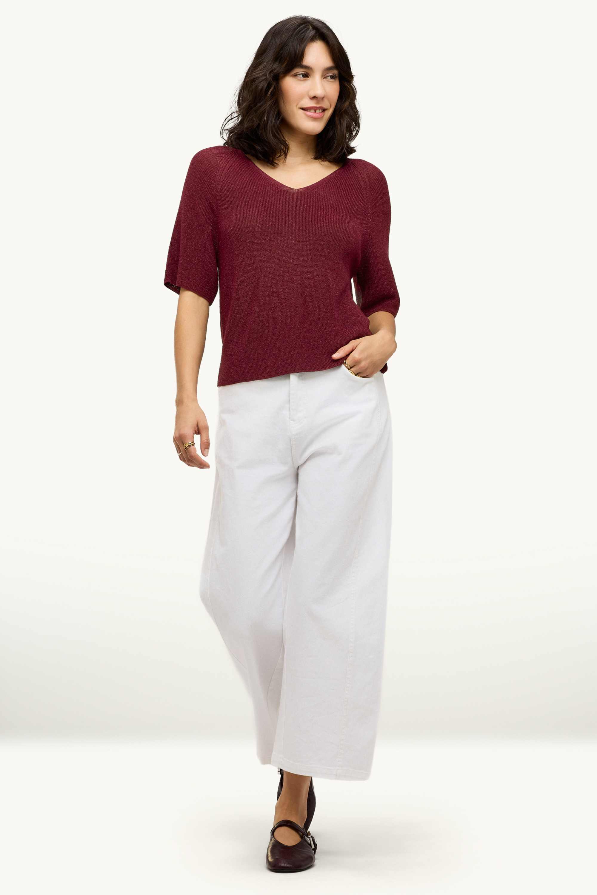 Knitted jumper - short sleeve - shiny dark red