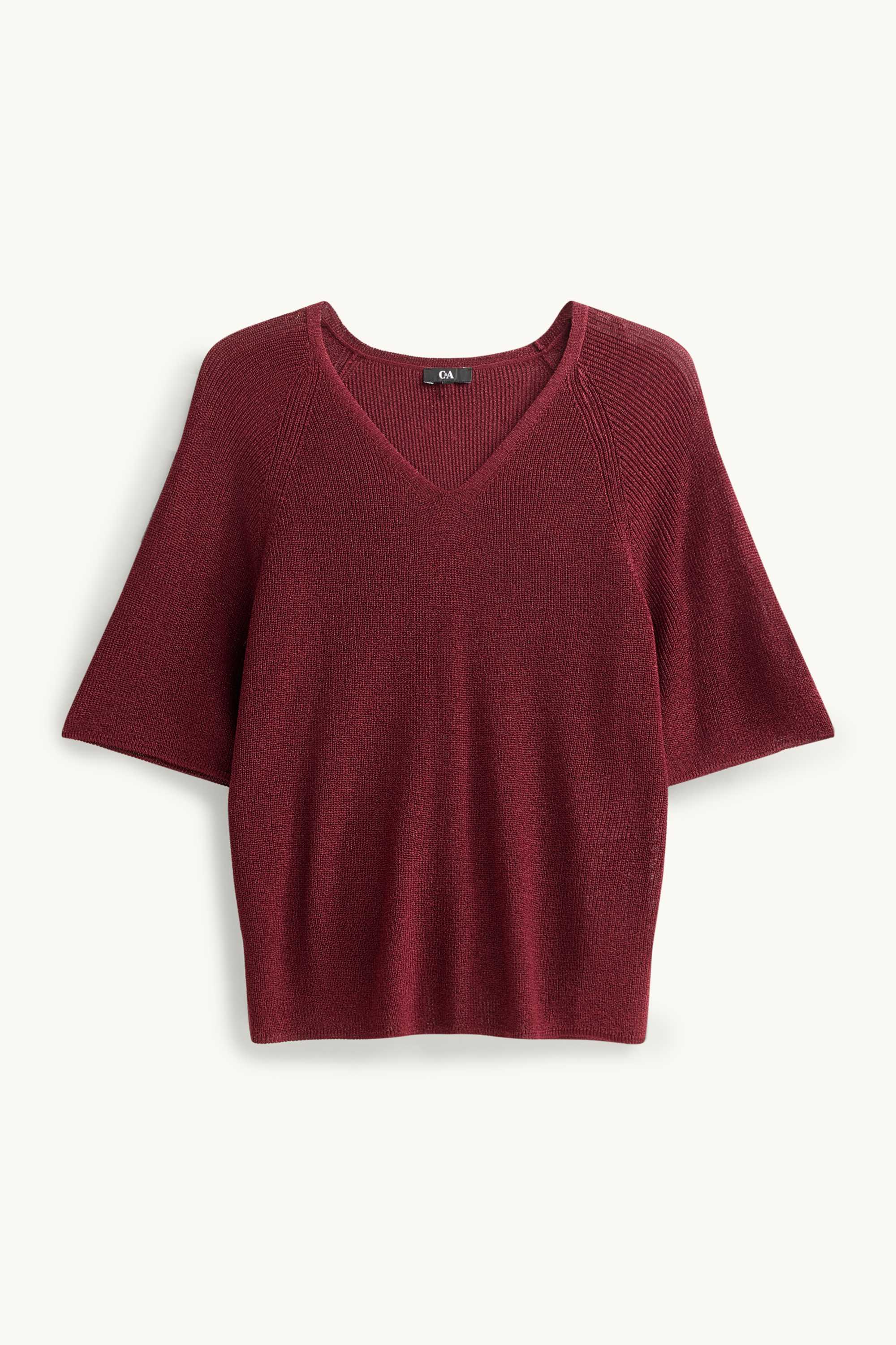 Knitted jumper - short sleeve - shiny dark red