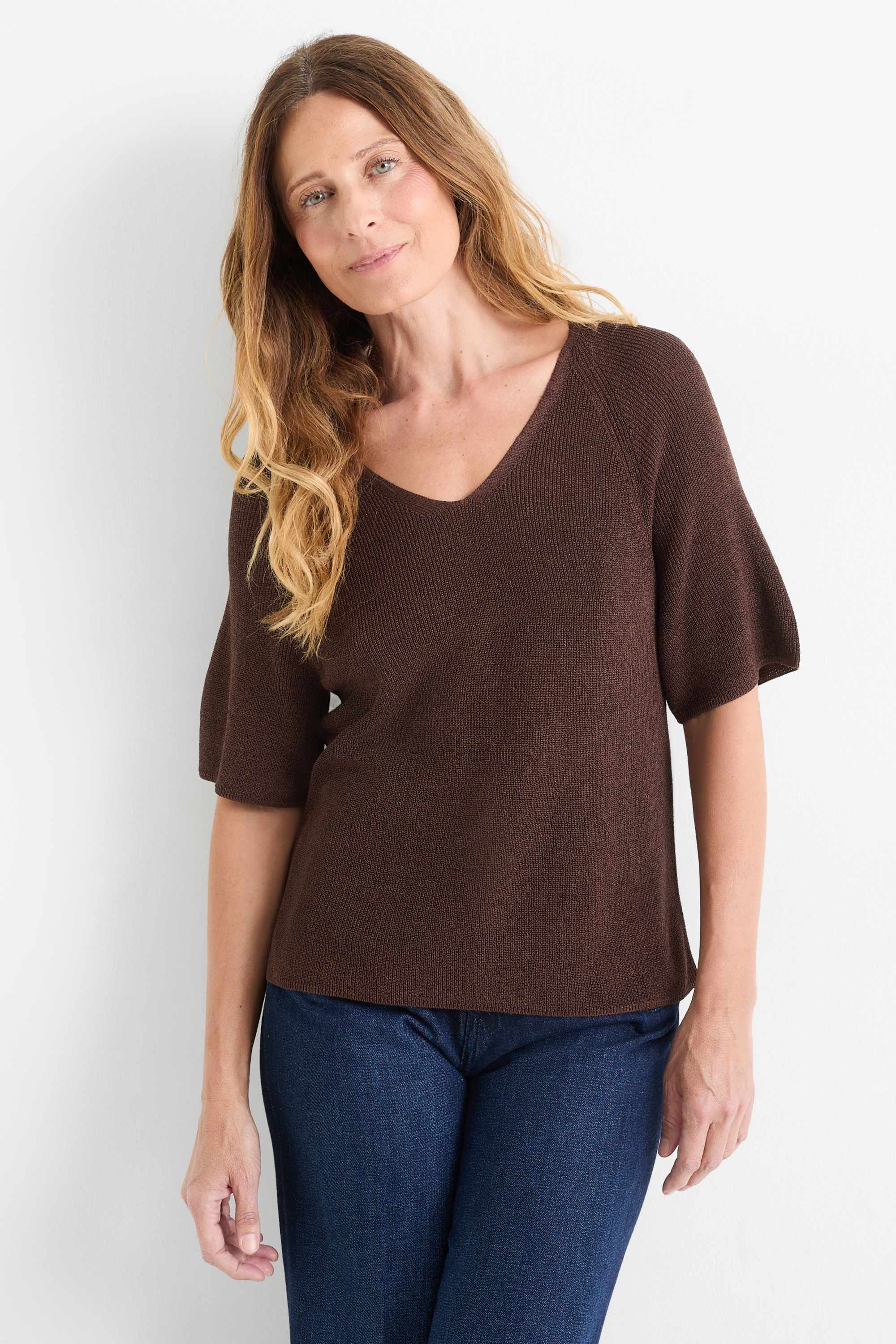 Knitted jumper - short sleeve - shiny dark brown