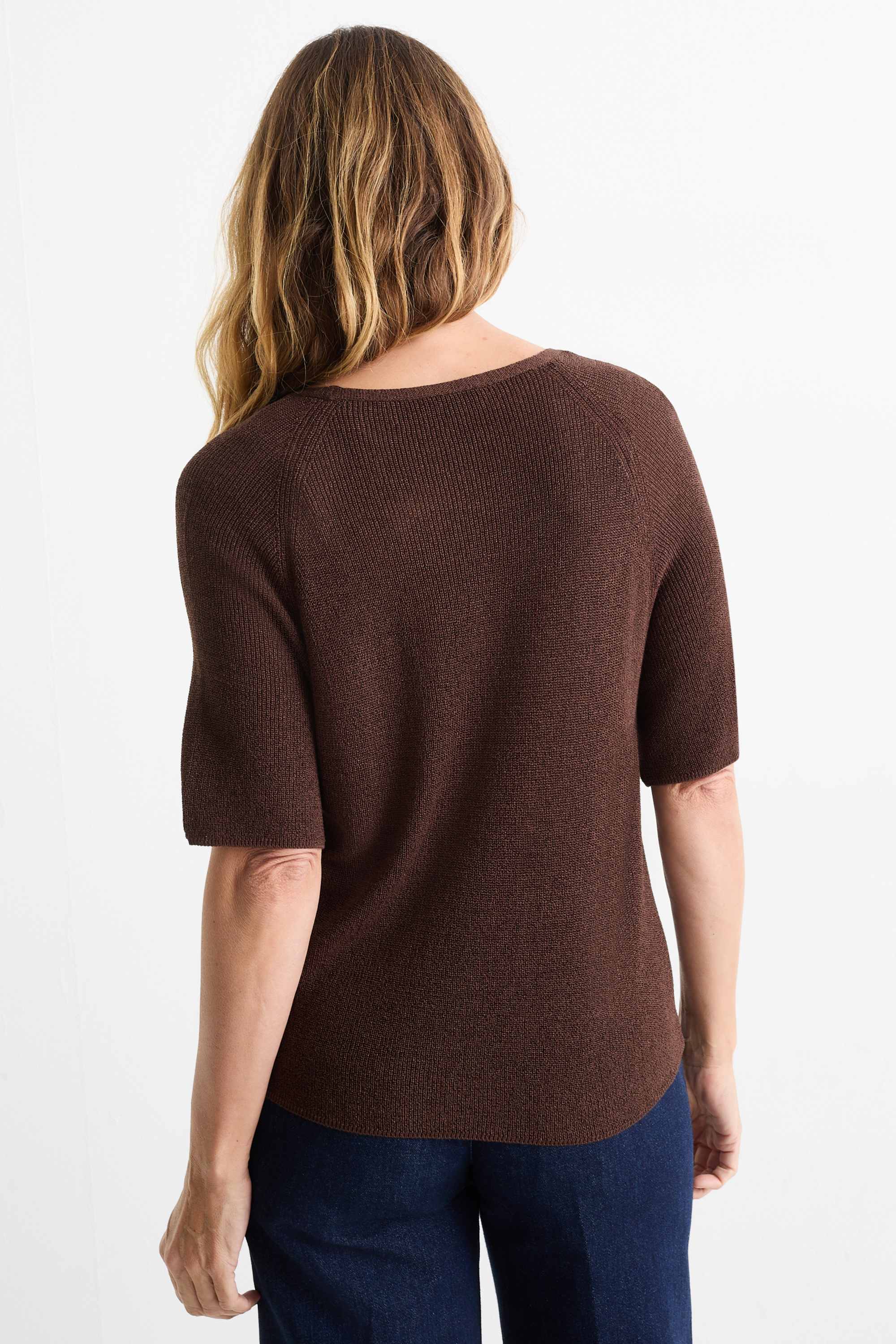 Knitted jumper - short sleeve - shiny dark brown