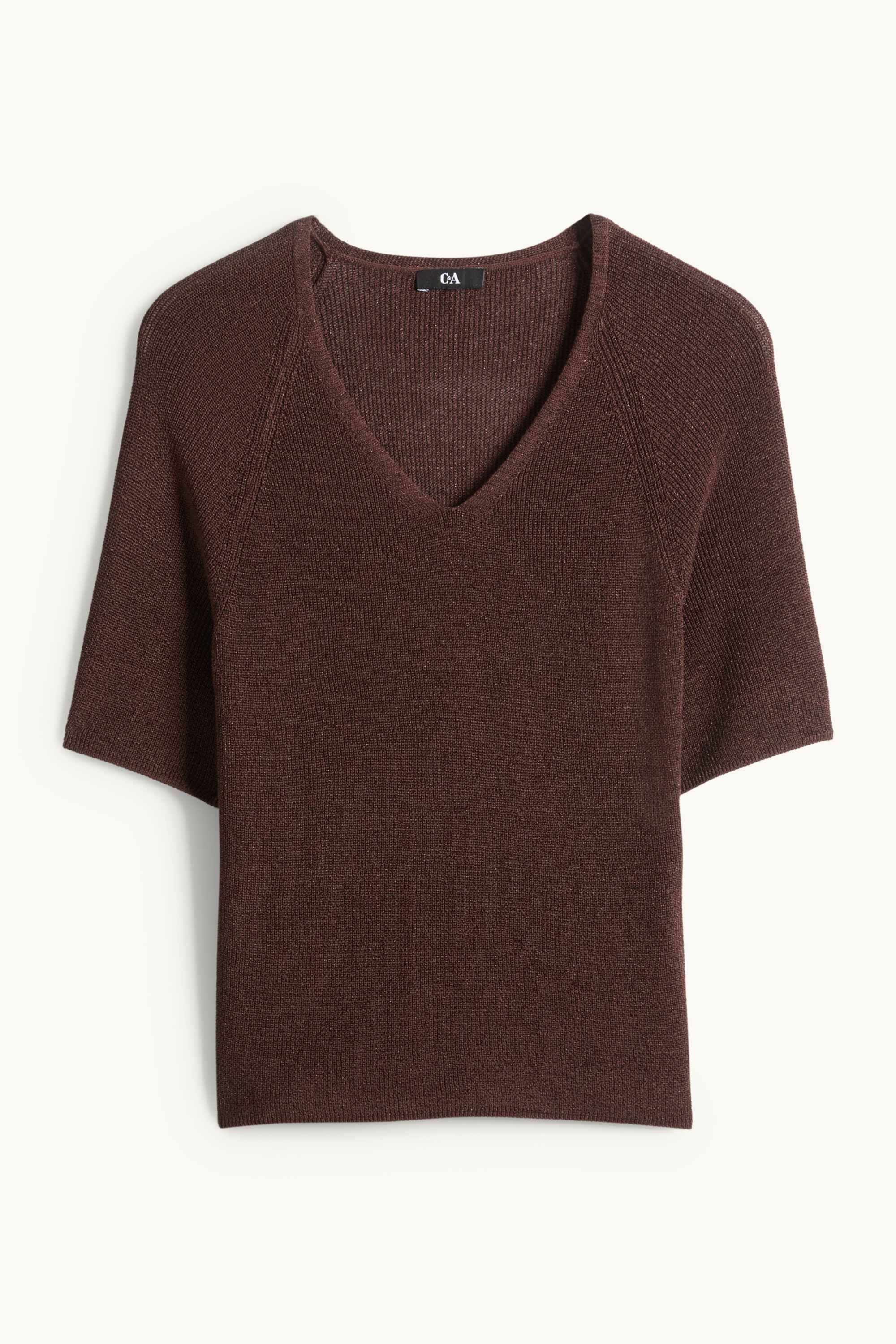 Knitted jumper - short sleeve - shiny dark brown