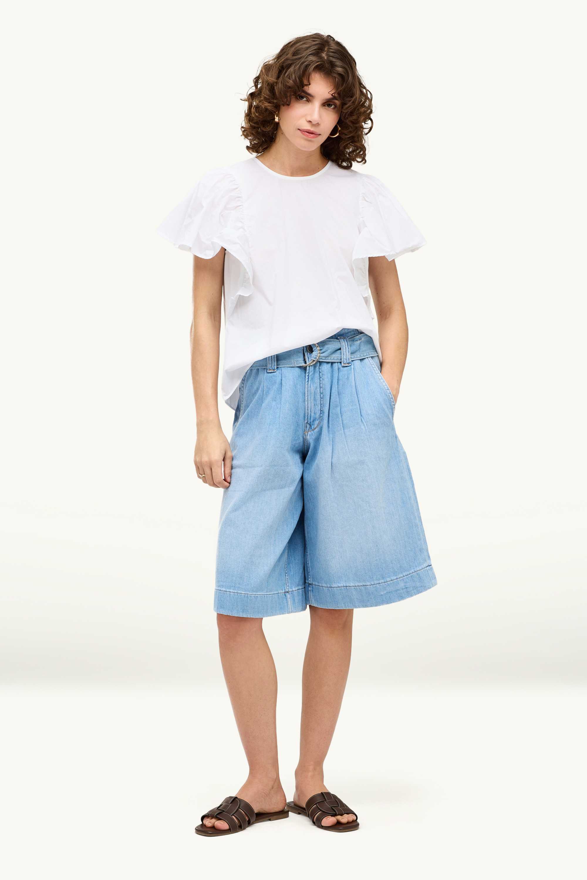 Jorts with belt - high waist denim-light blue