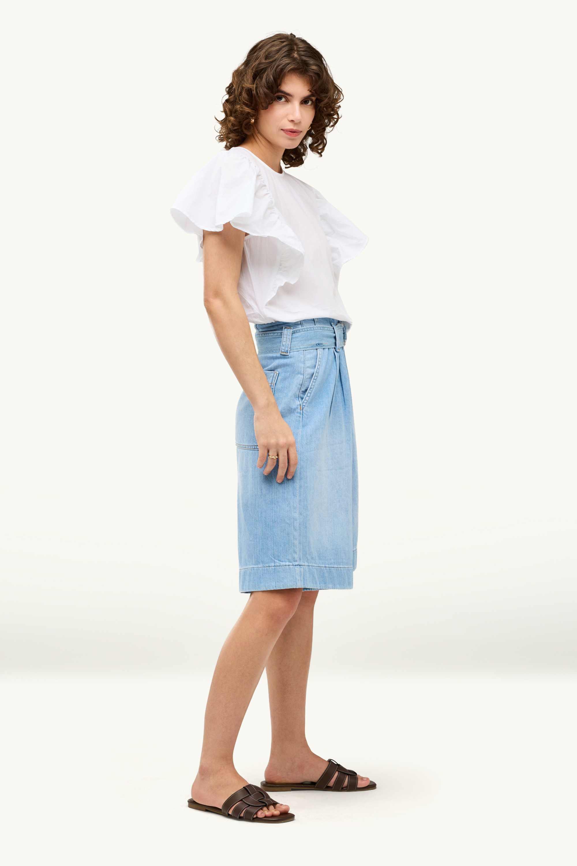 Jorts with belt - high waist denim-light blue