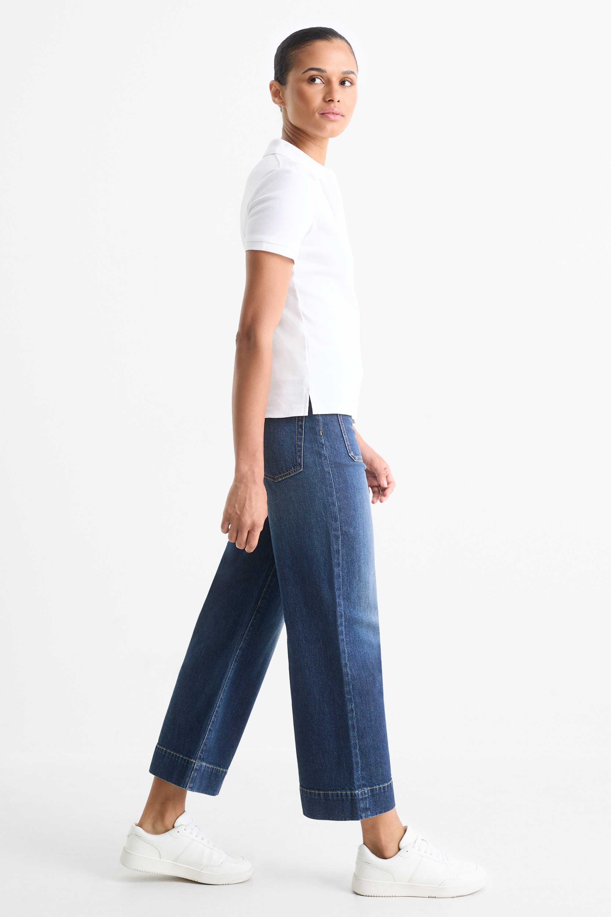 Cropped wide leg jeans - mid-rise waist denim-dark blue