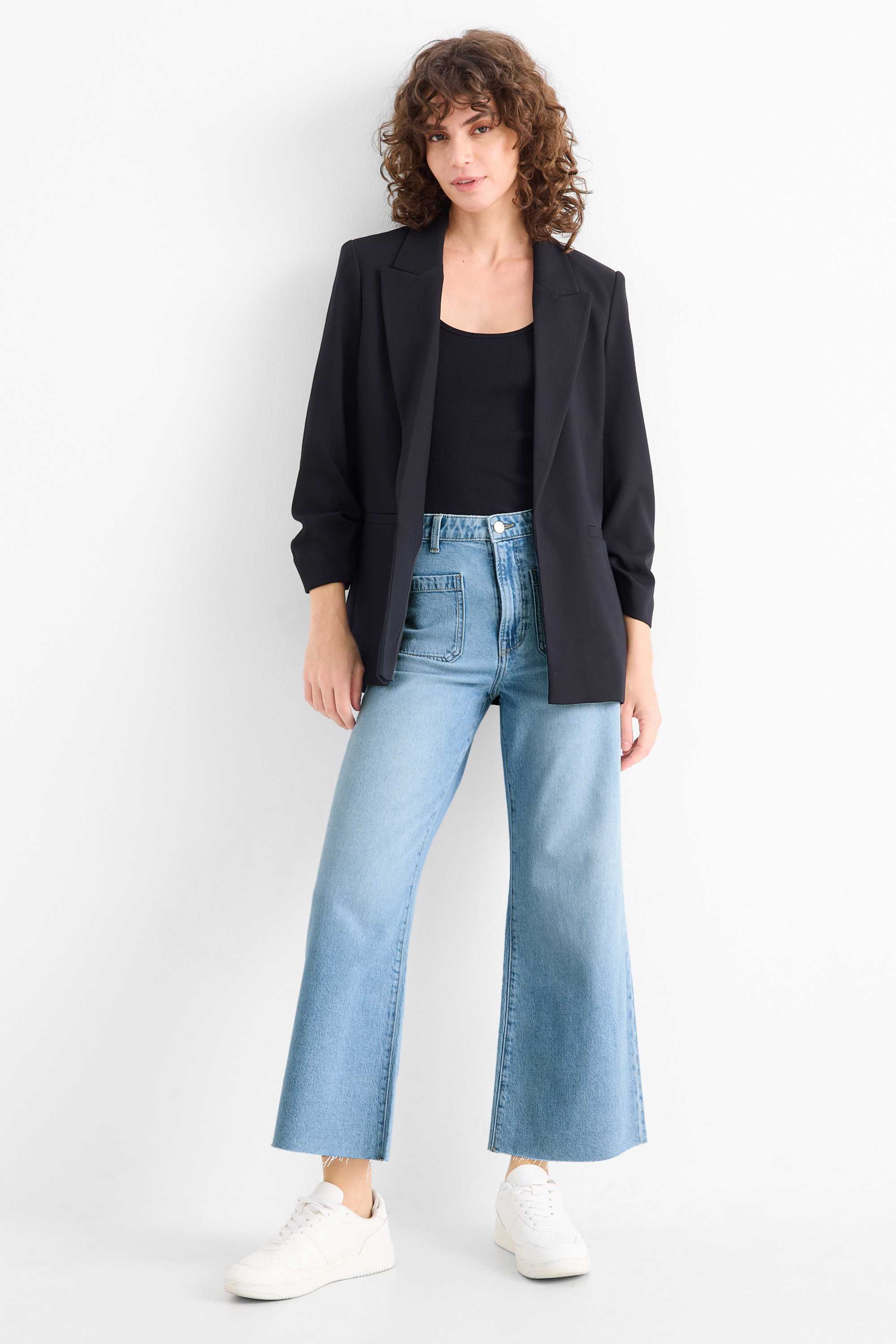 Cropped wide leg jeans - mid-rise waist blue