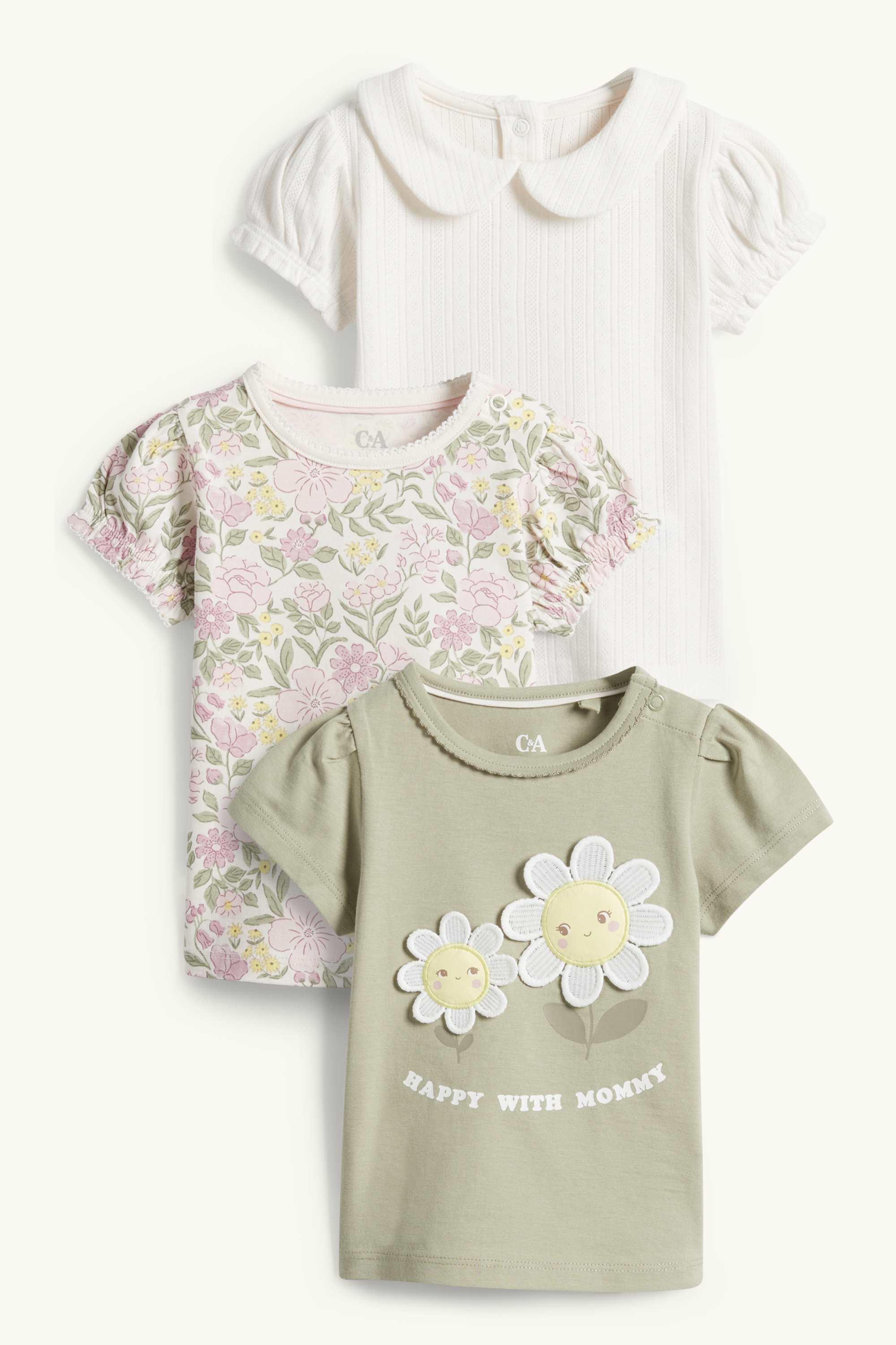 Multipack of 3 - floral - short sleeve baby T-shirt white / green