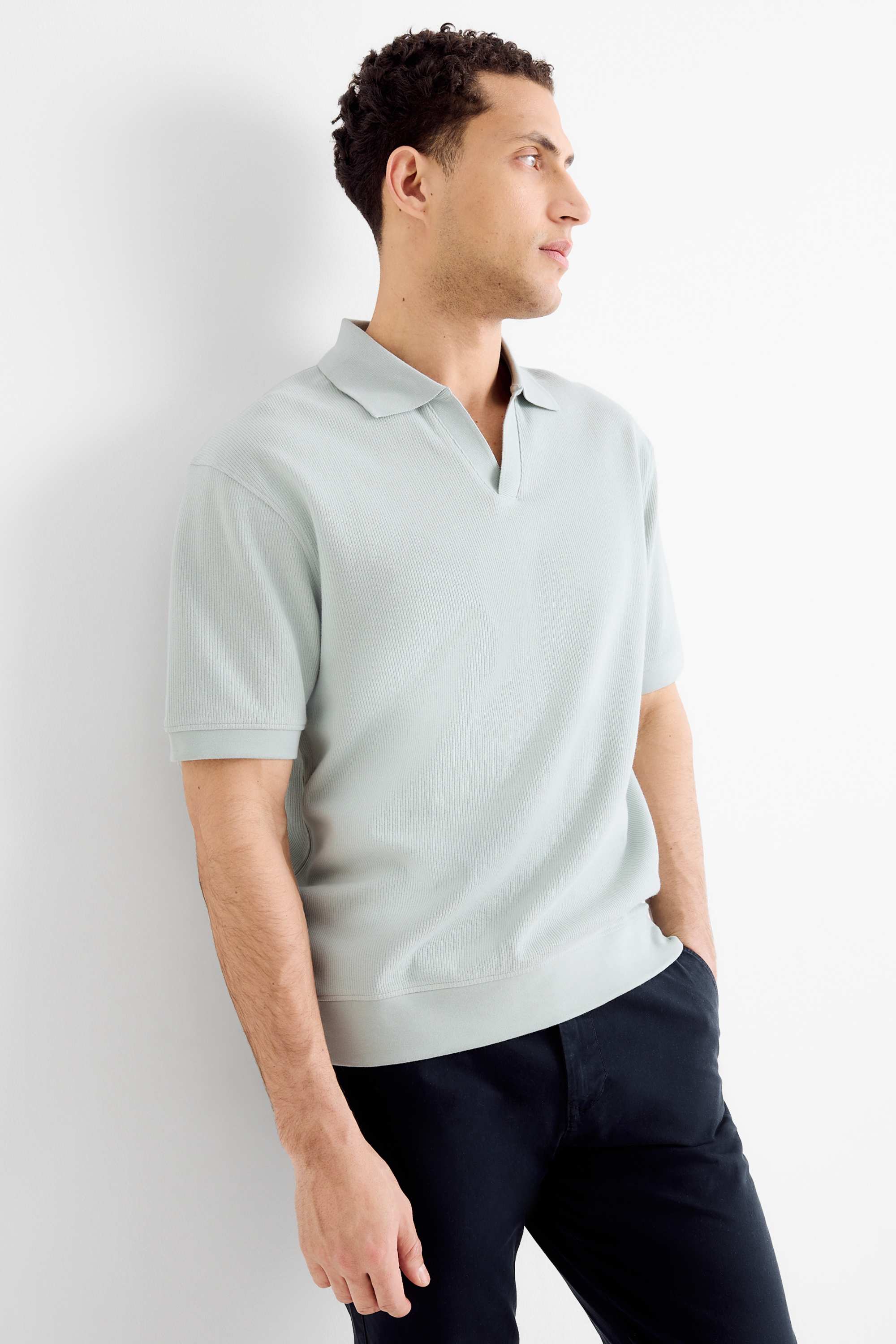 Knitted polo shirt - relaxed fit - ribbed mint green