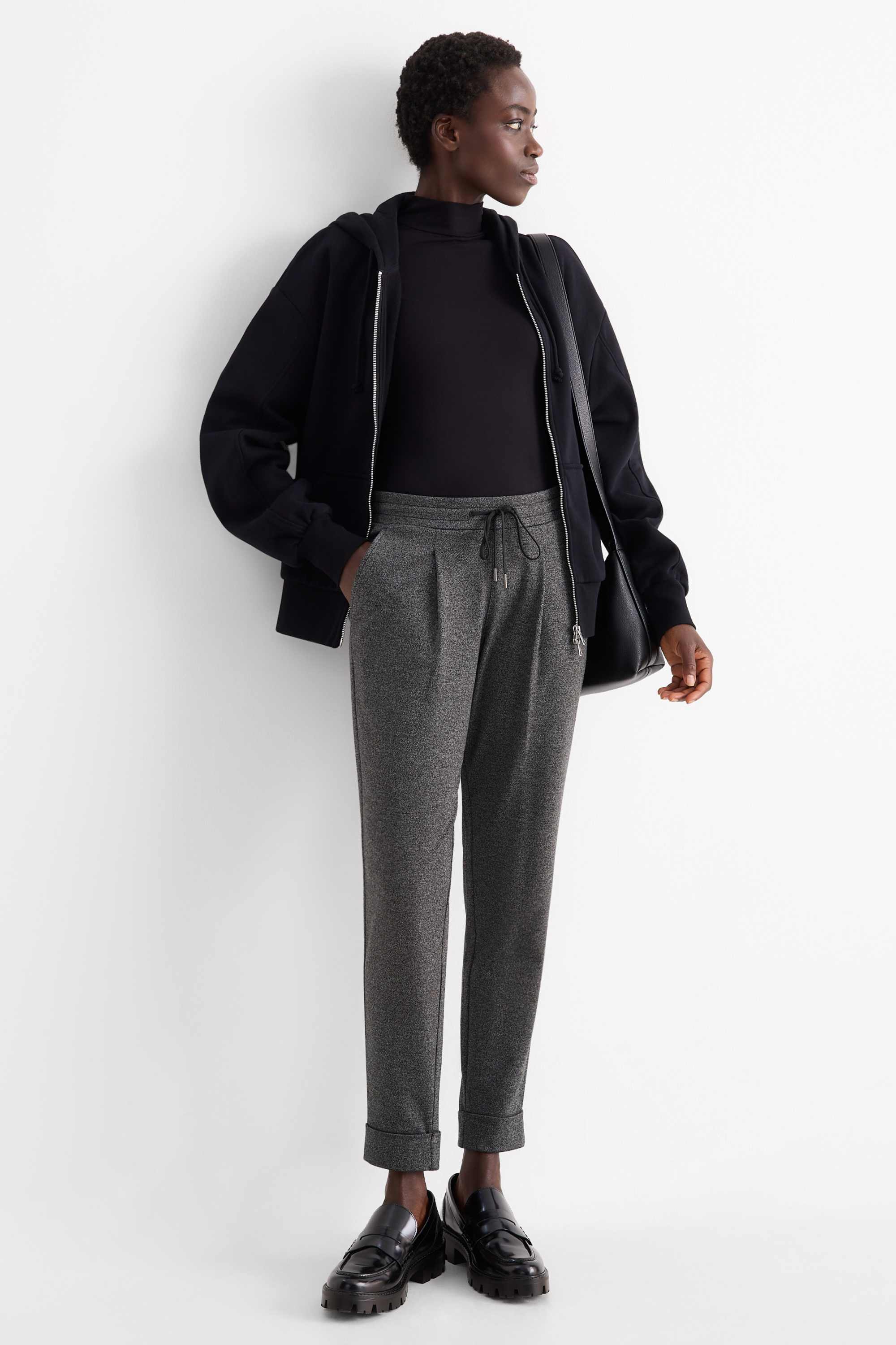Jersey trousers - mid-rise waist - tapered fit dark gray