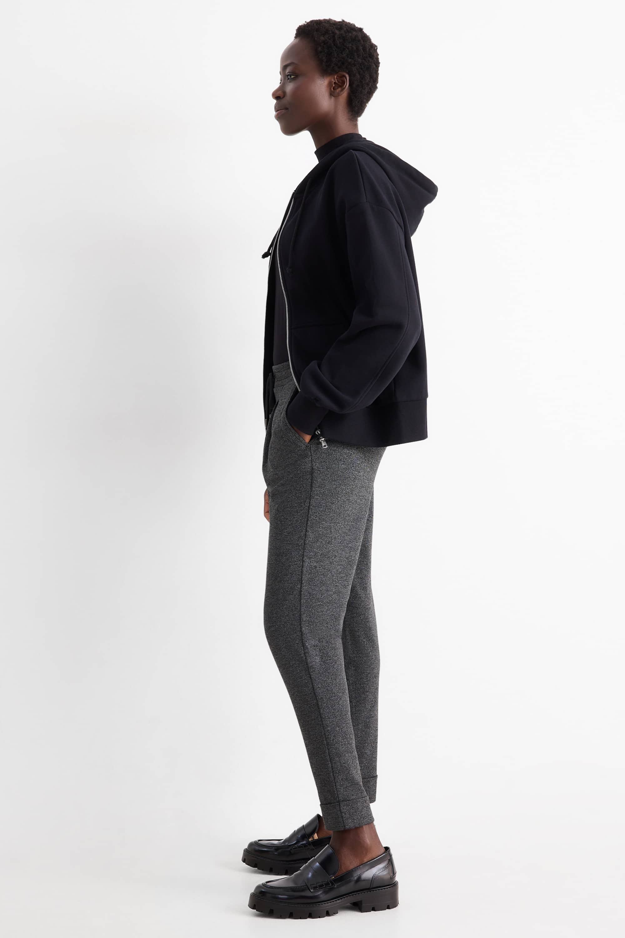 Jersey trousers - mid-rise waist - tapered fit dark gray