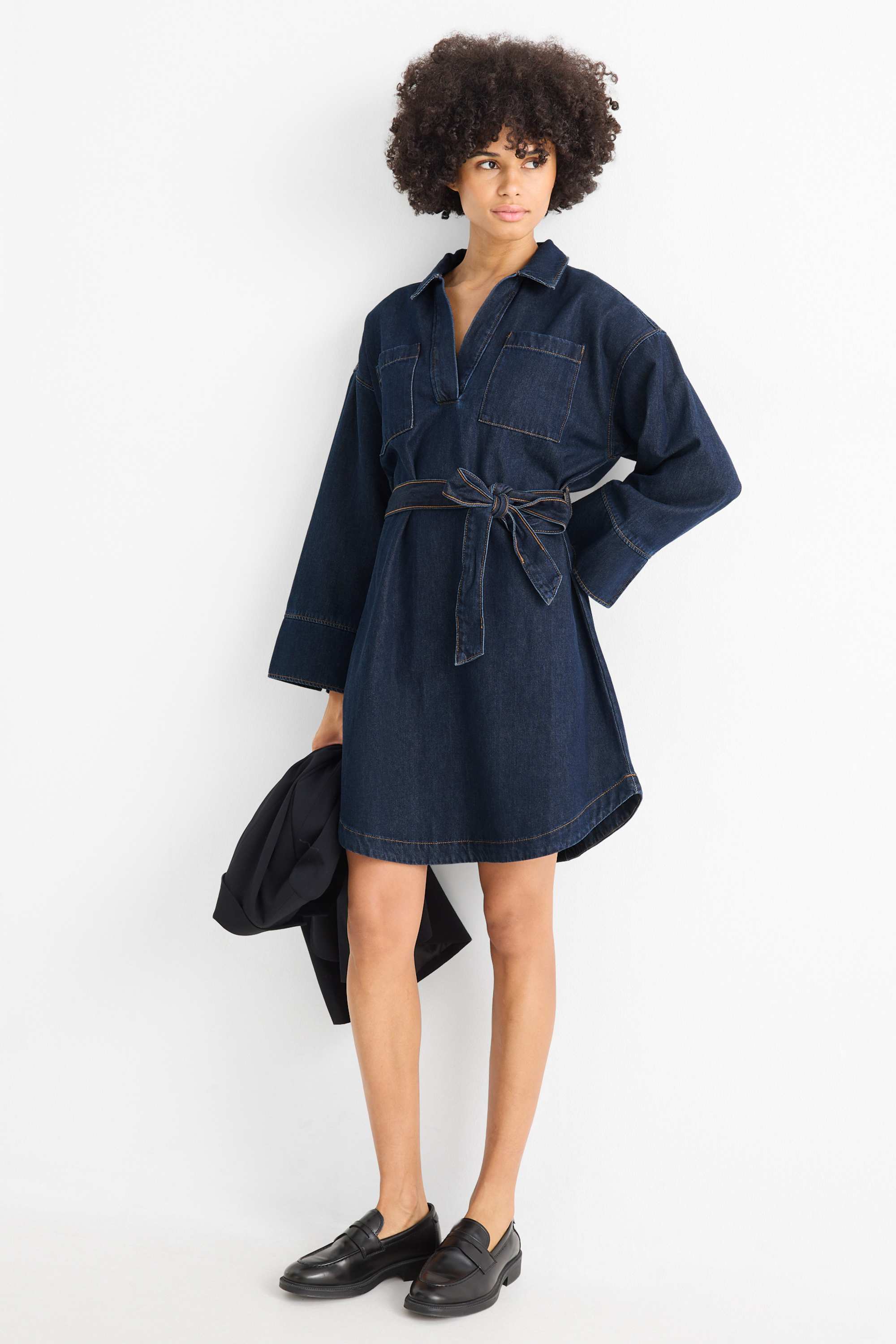 V-neck denim tunic dress dark blue