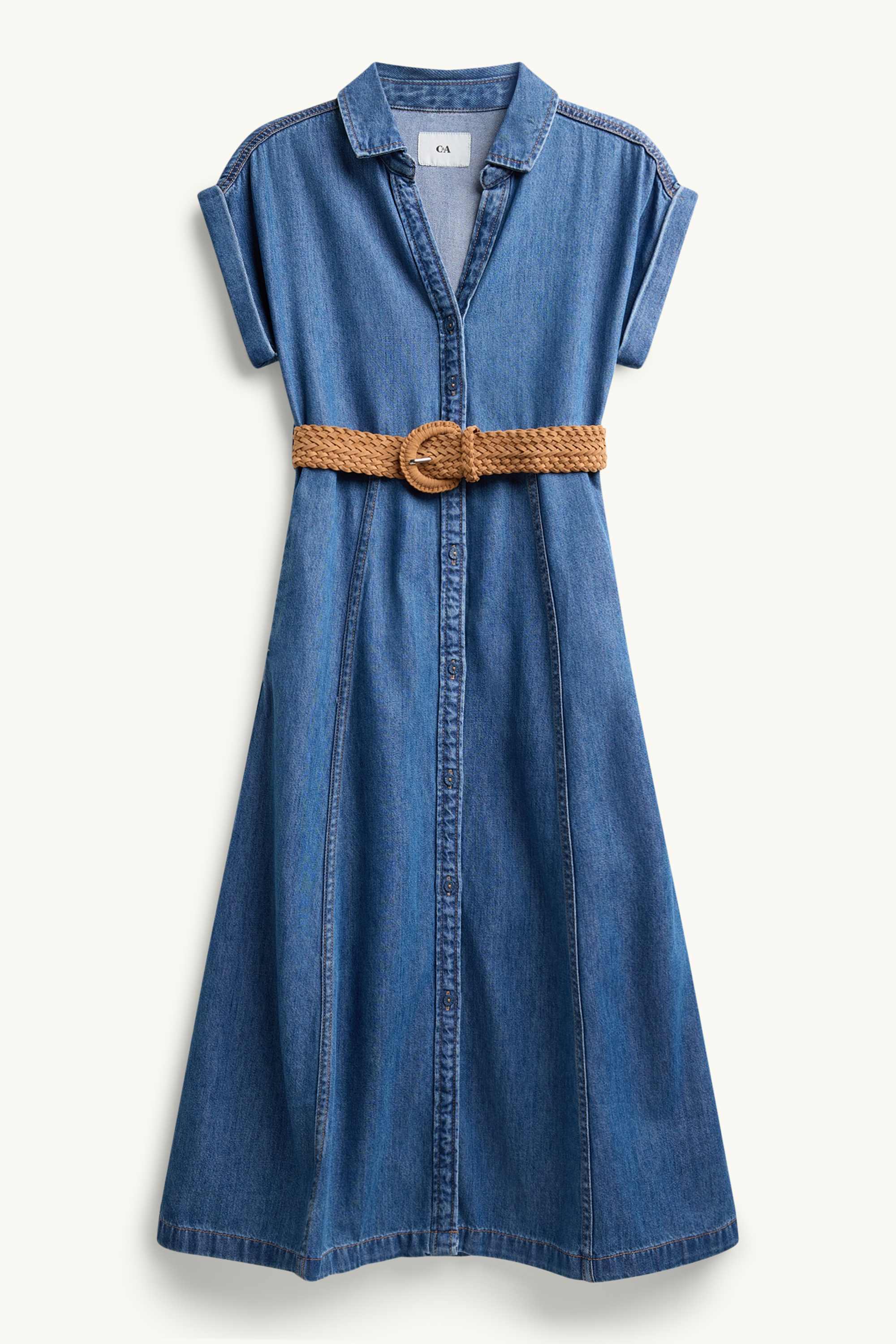 Denim shirt dress with V-neck and belt blue denim