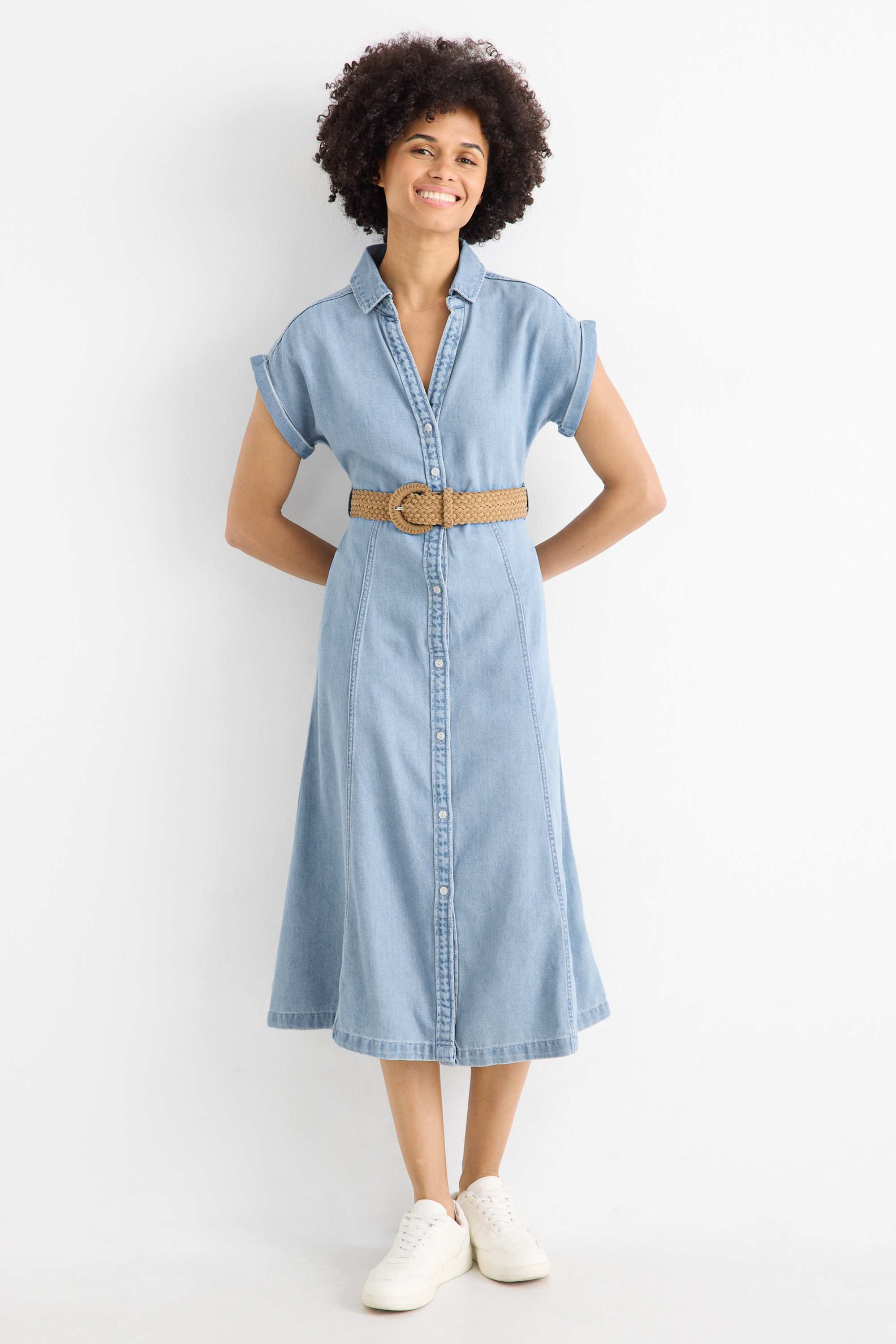 Denim shirt dress with V-neck and belt light blue
