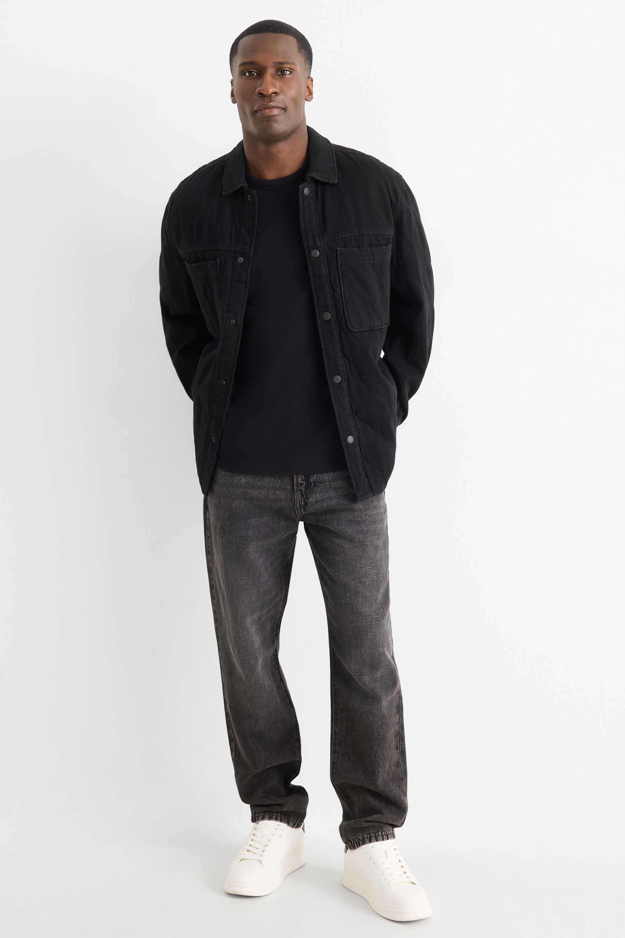 Relaxed tapered jeans with linen content black