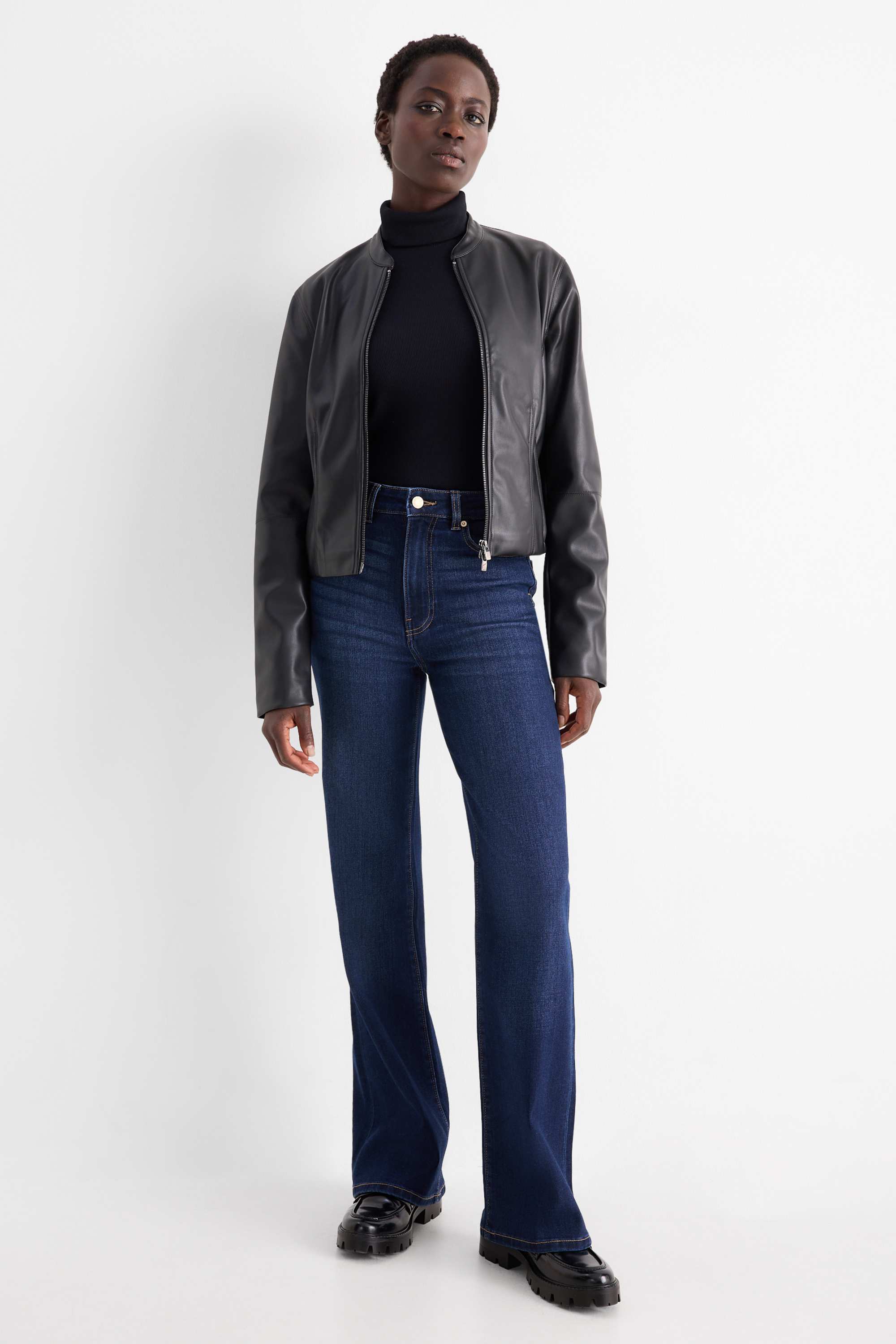 Flared jeans - high waist denim-dark blue