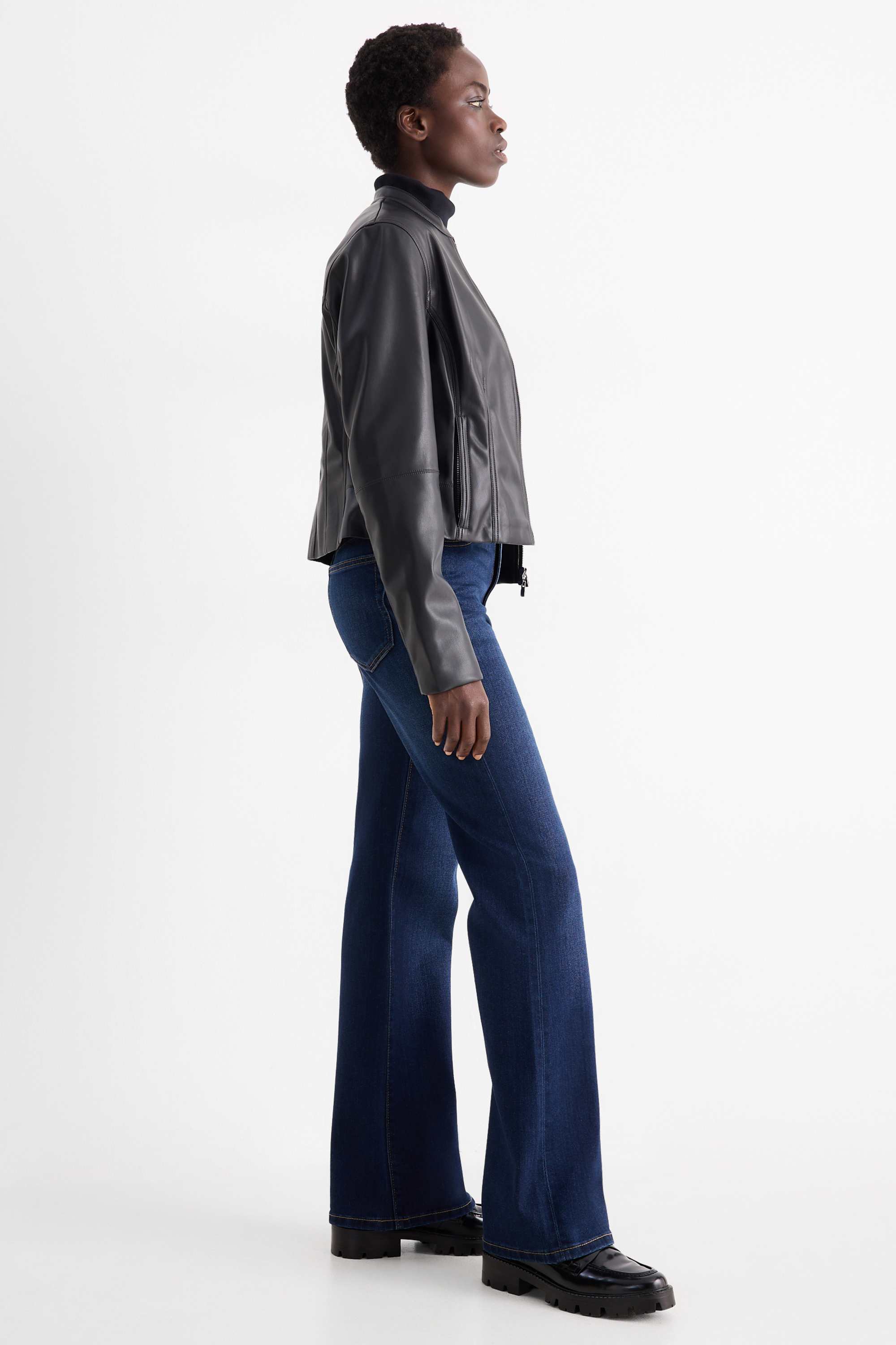 Flared jeans - high waist denim-dark blue