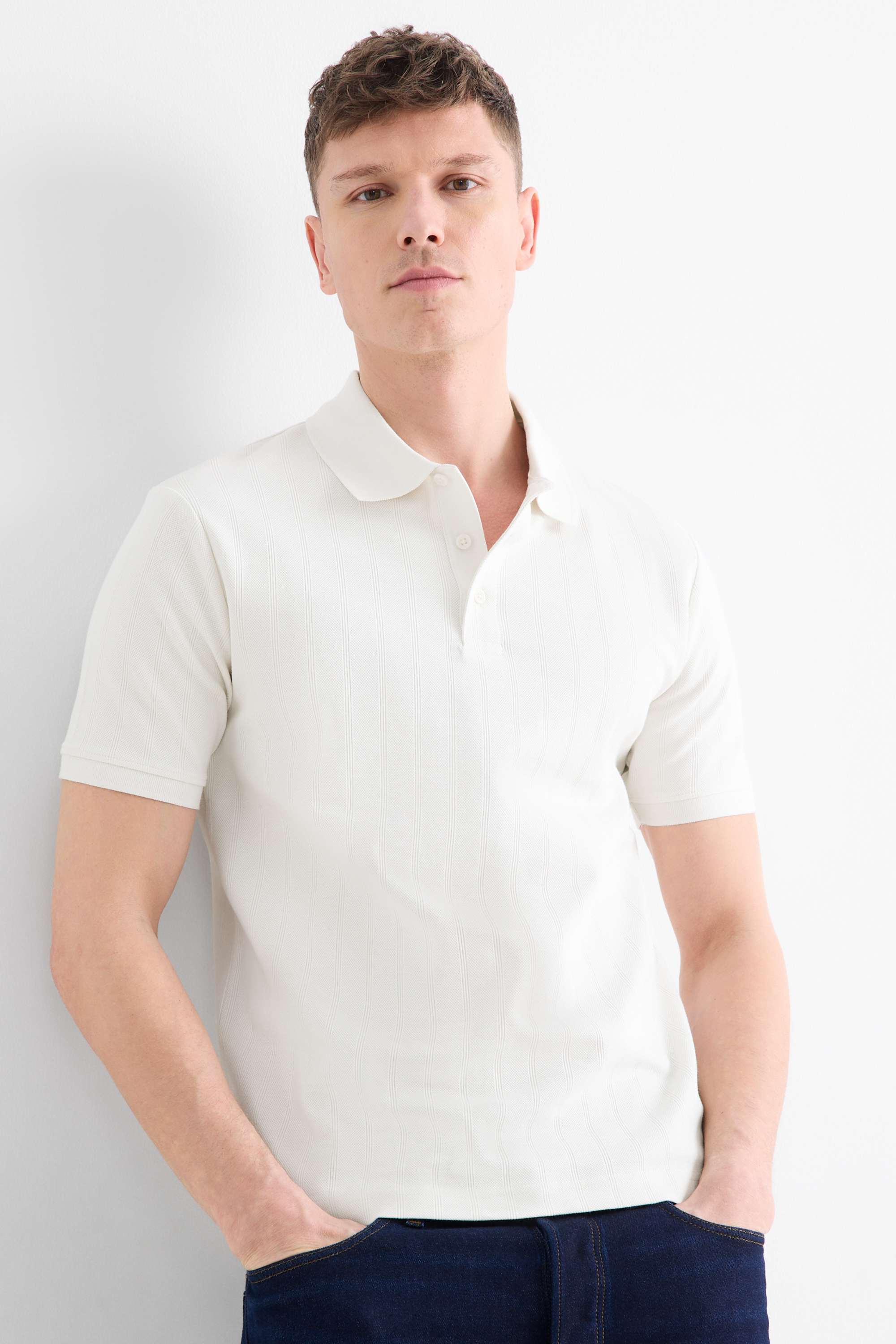 Polo shirt - relaxed fit - ribbed - textured cremewhite