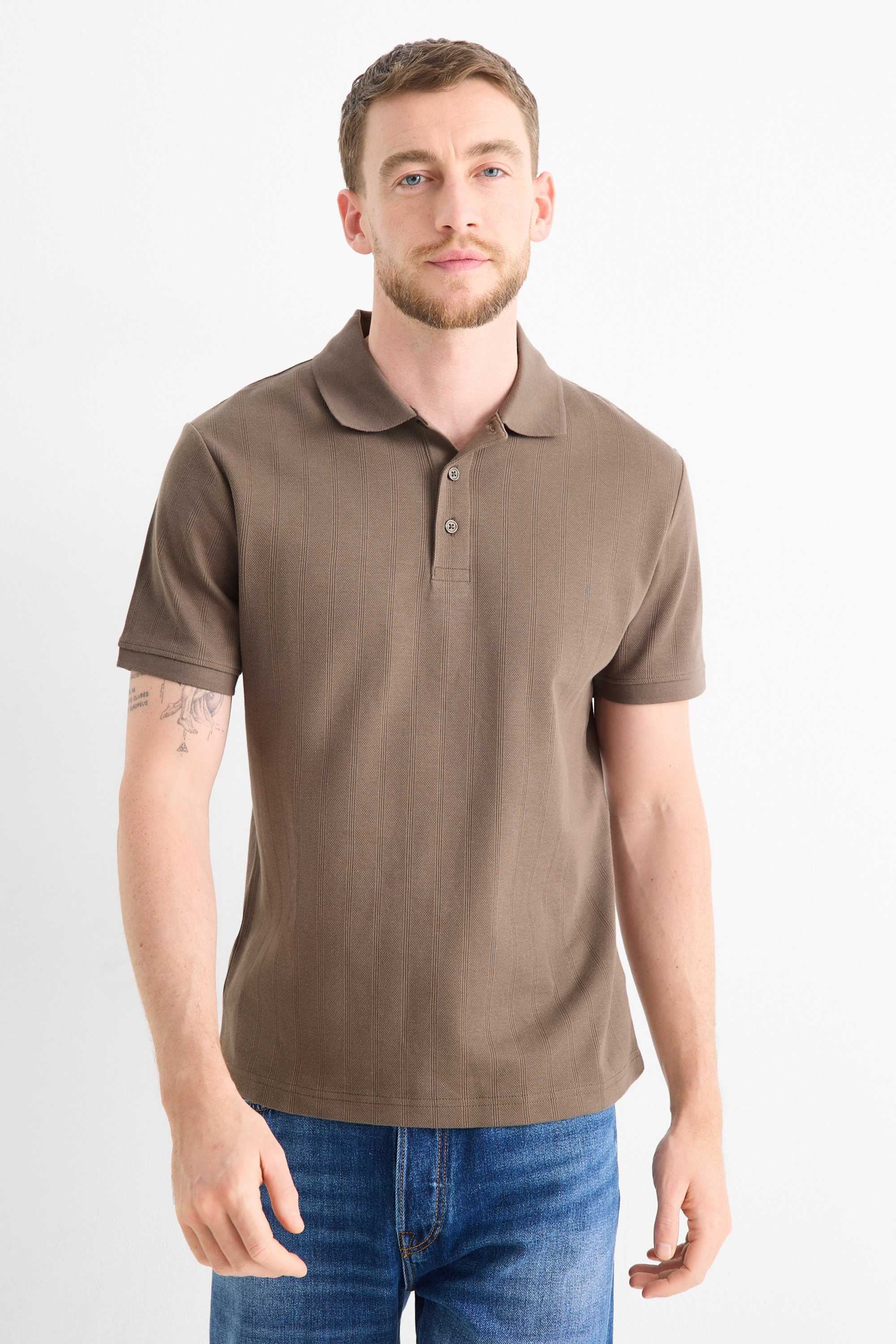 Polo shirt - relaxed fit - ribbed - textured dark brown