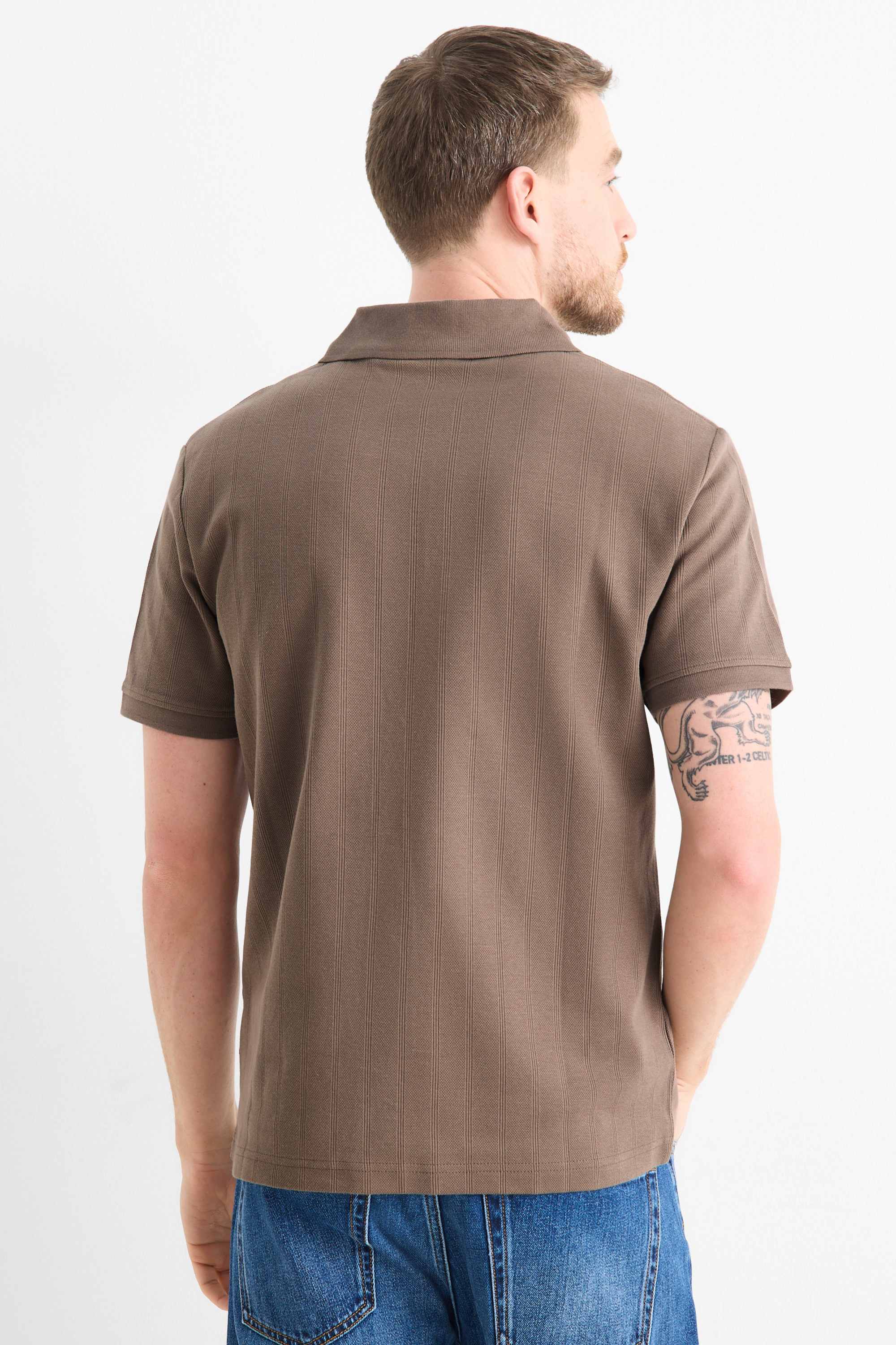 Polo shirt - relaxed fit - ribbed - textured dark brown