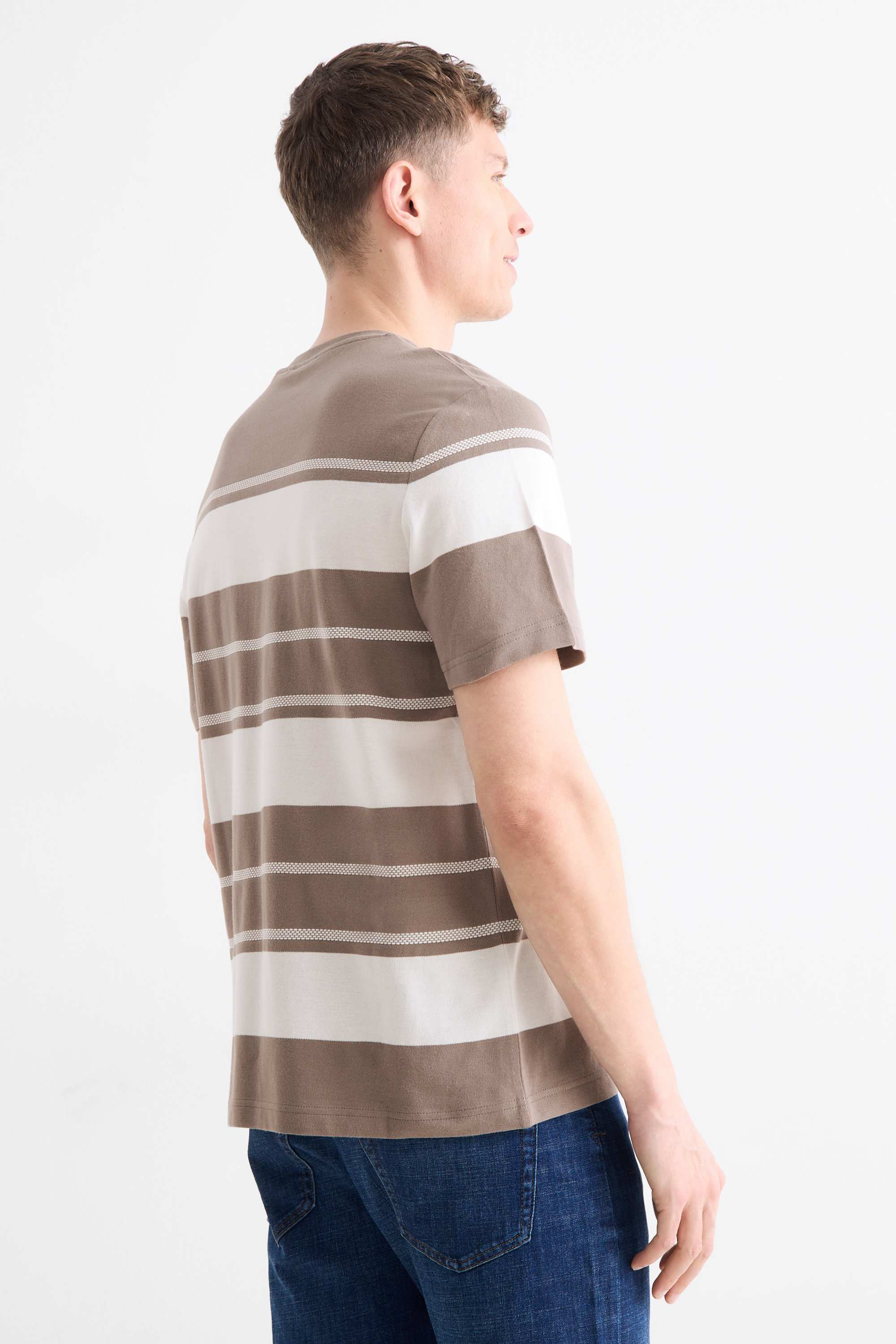 T-shirt - regular fit - striped - textured brown / cremewhite