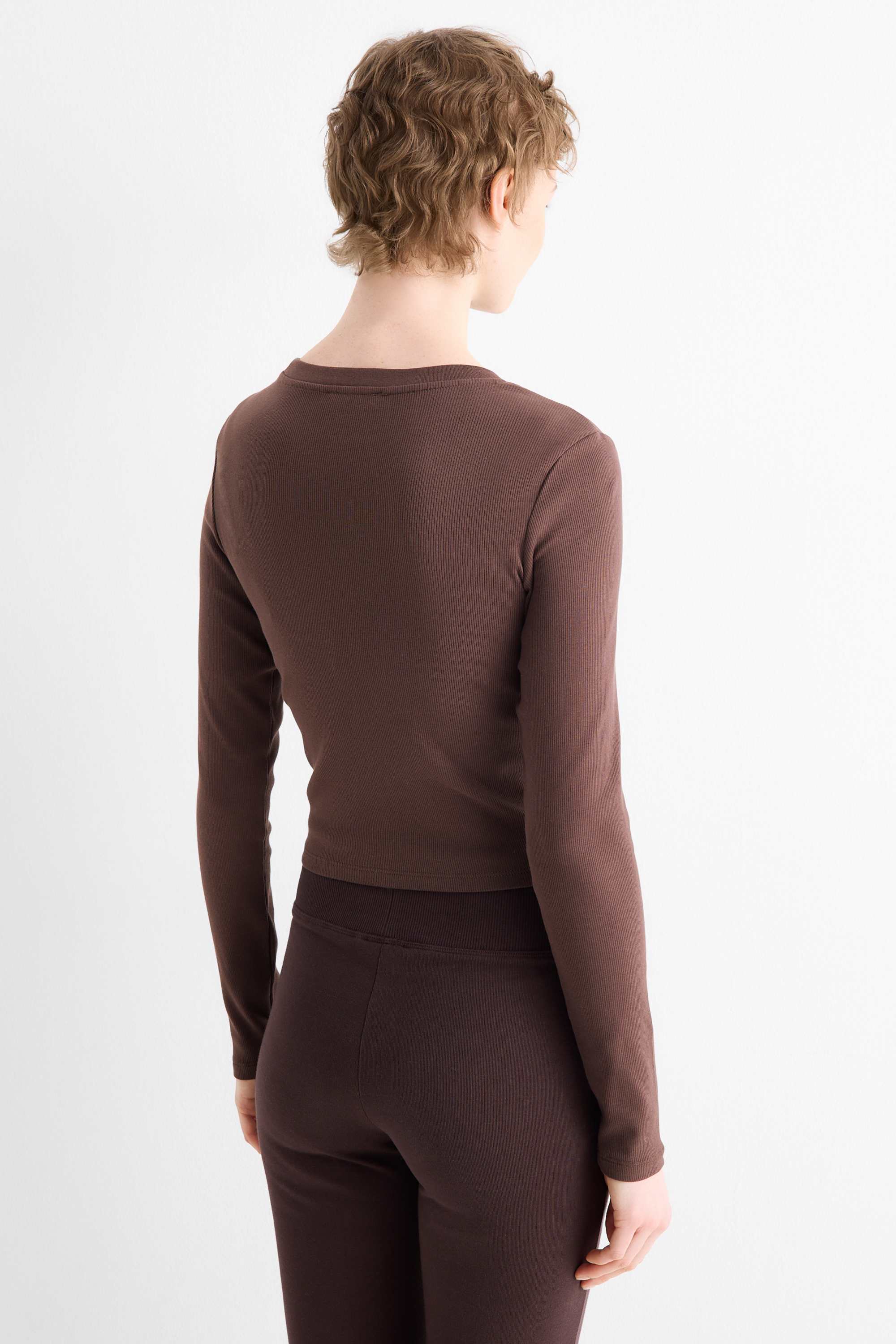 Cropped long sleeve top - slim fit - ribbed dark brown