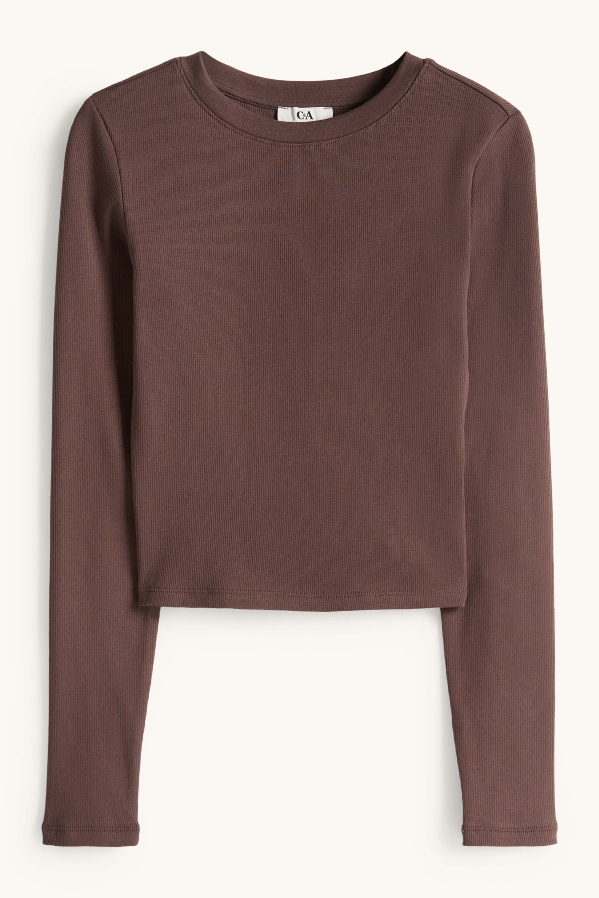 Cropped long sleeve top - slim fit - ribbed dark brown