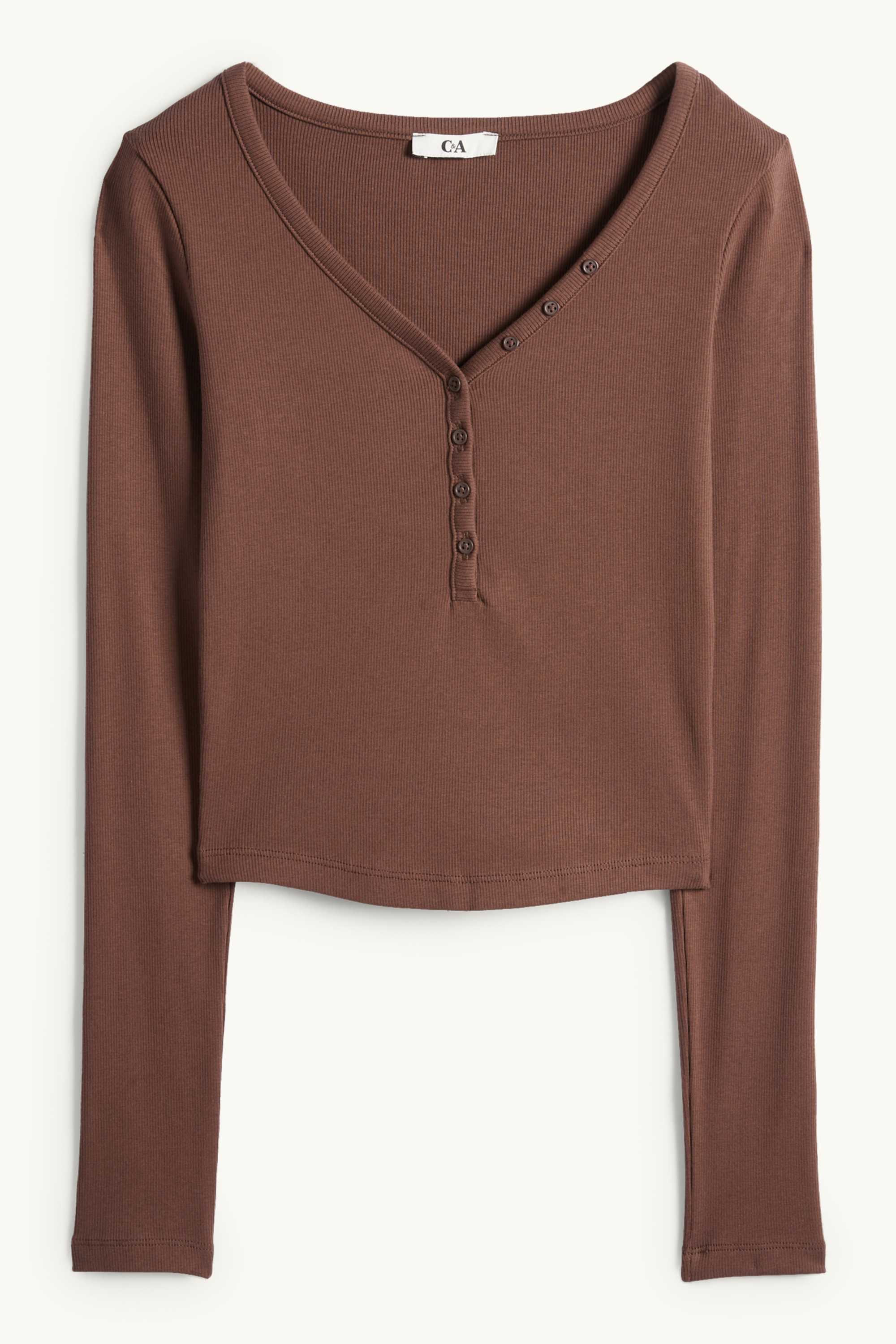 Cropped Henley T-shirt - slim fit - ribbed dark brown