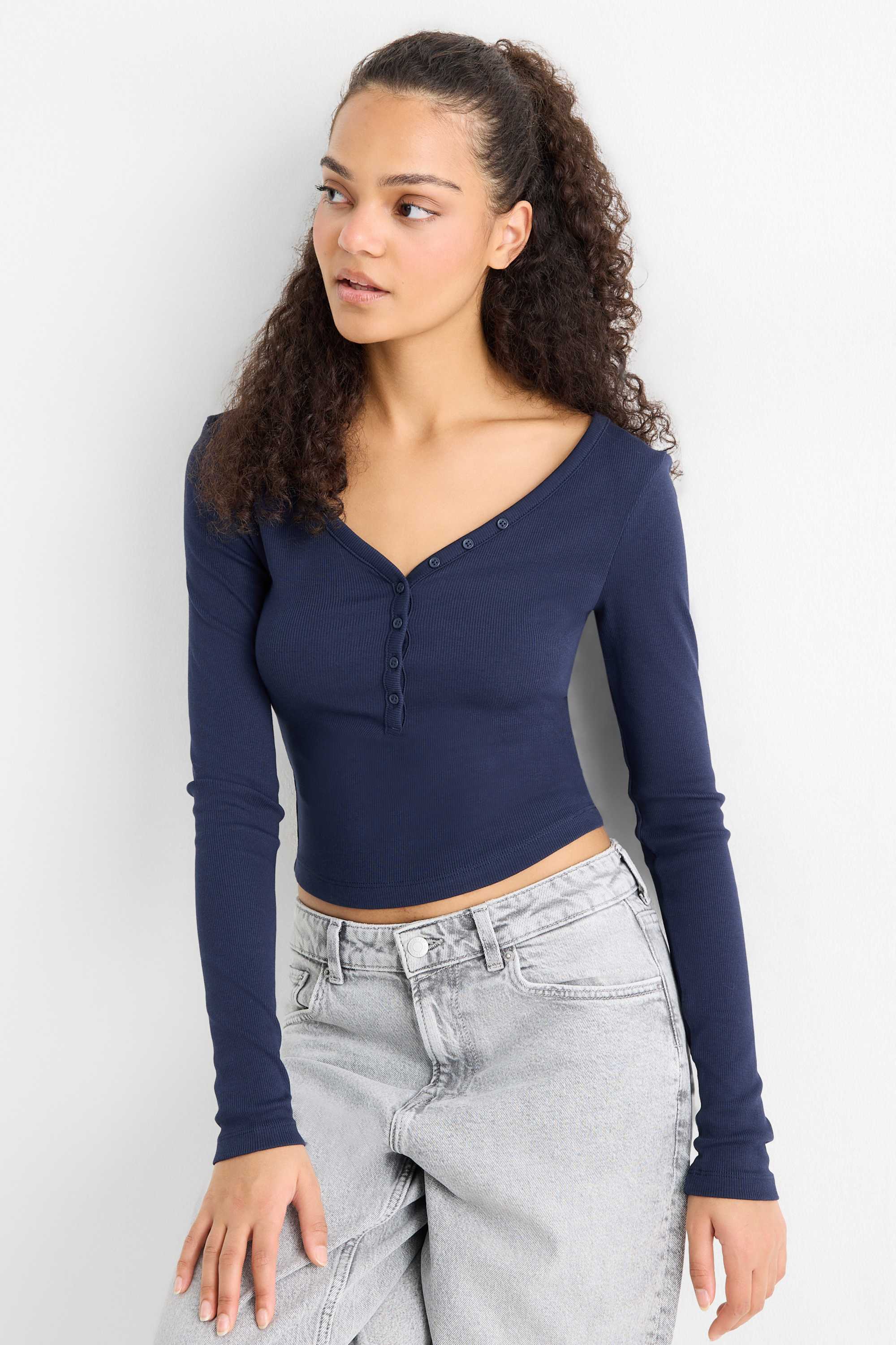 Cropped Henley T-shirt - slim fit - ribbed dark blue