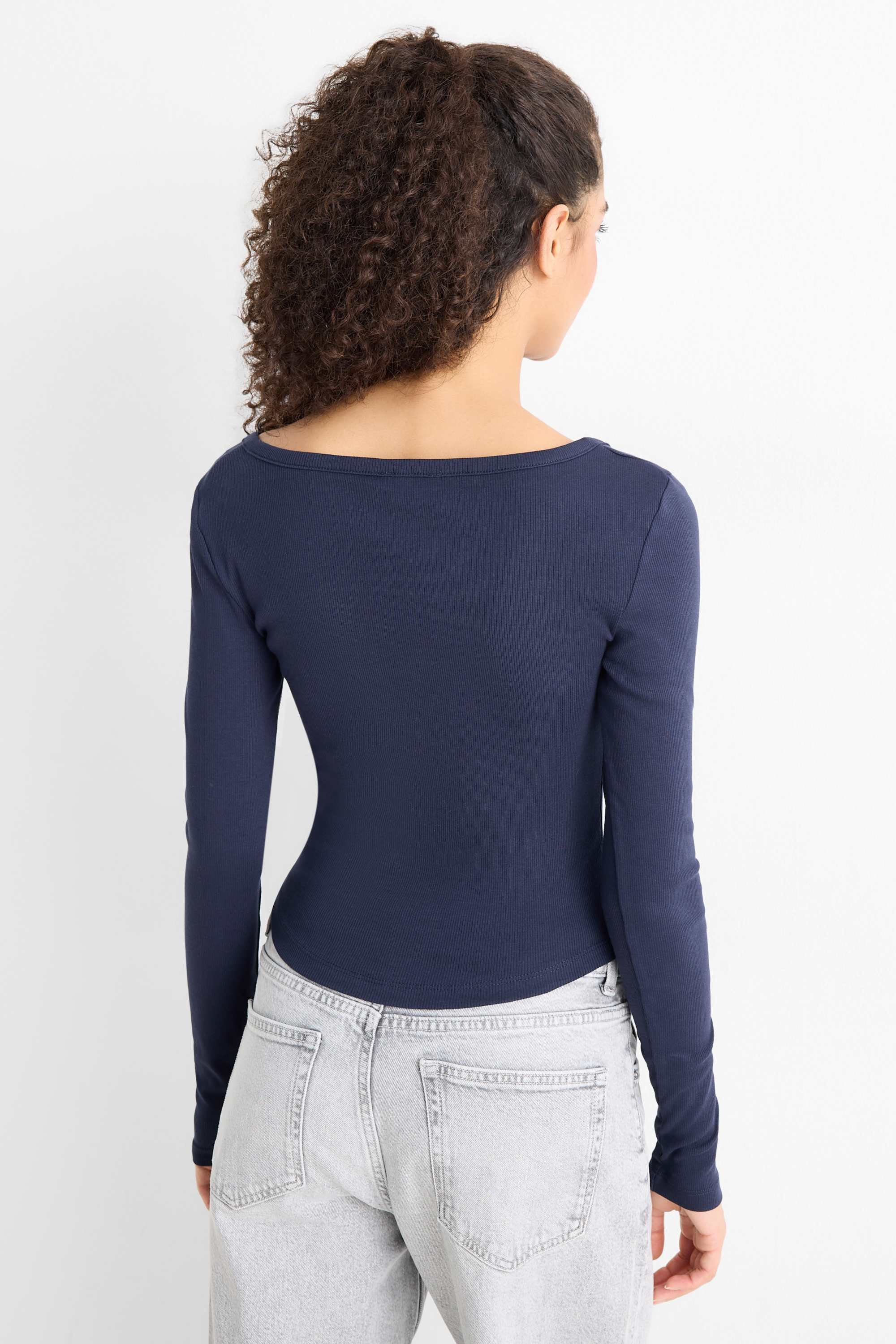 Cropped Henley T-shirt - slim fit - ribbed dark blue