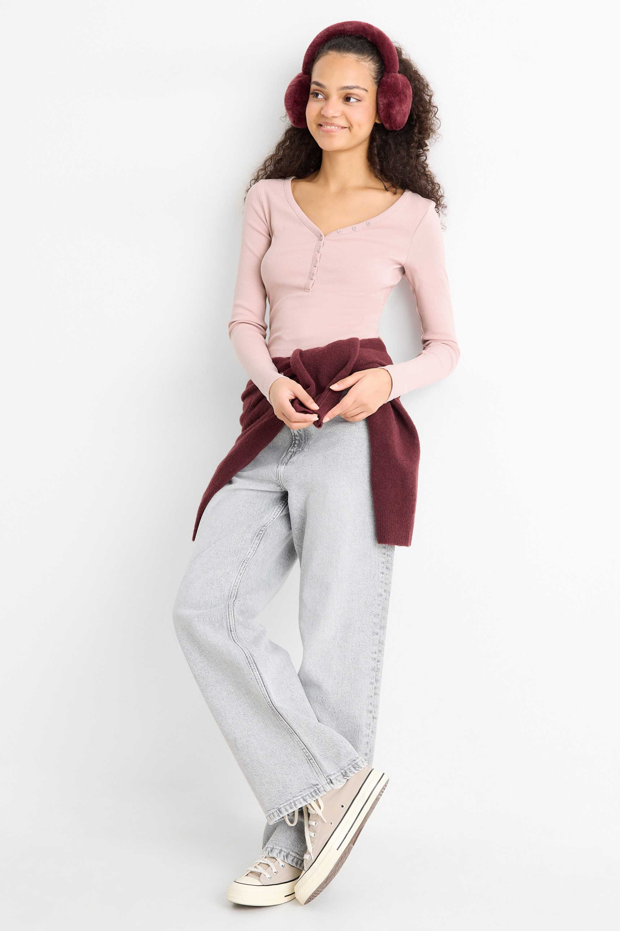 Cropped Henley T-shirt - slim fit - ribbed rose