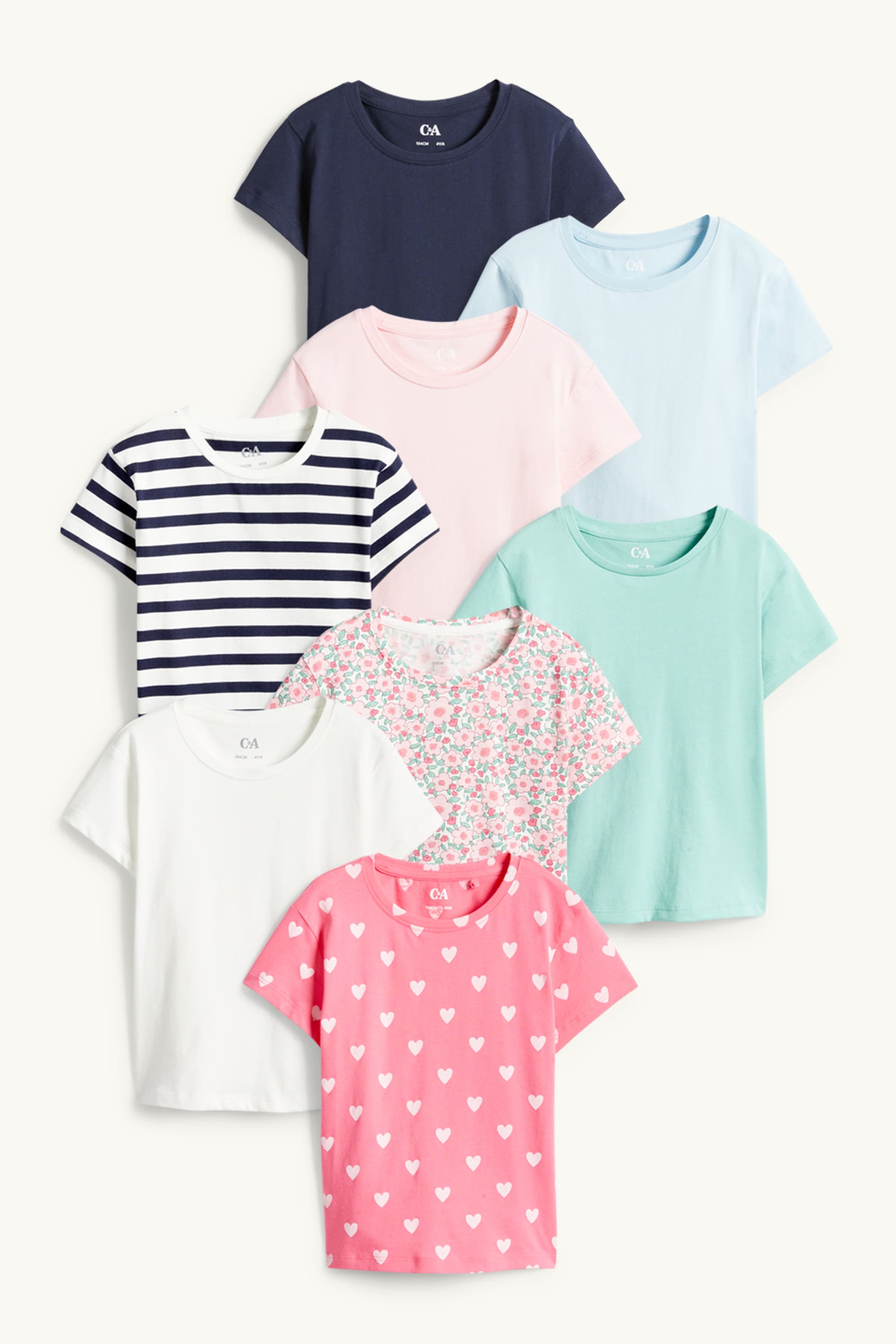 Multipack of 8 - heart and flowers - short sleeve T-shirt white / pink