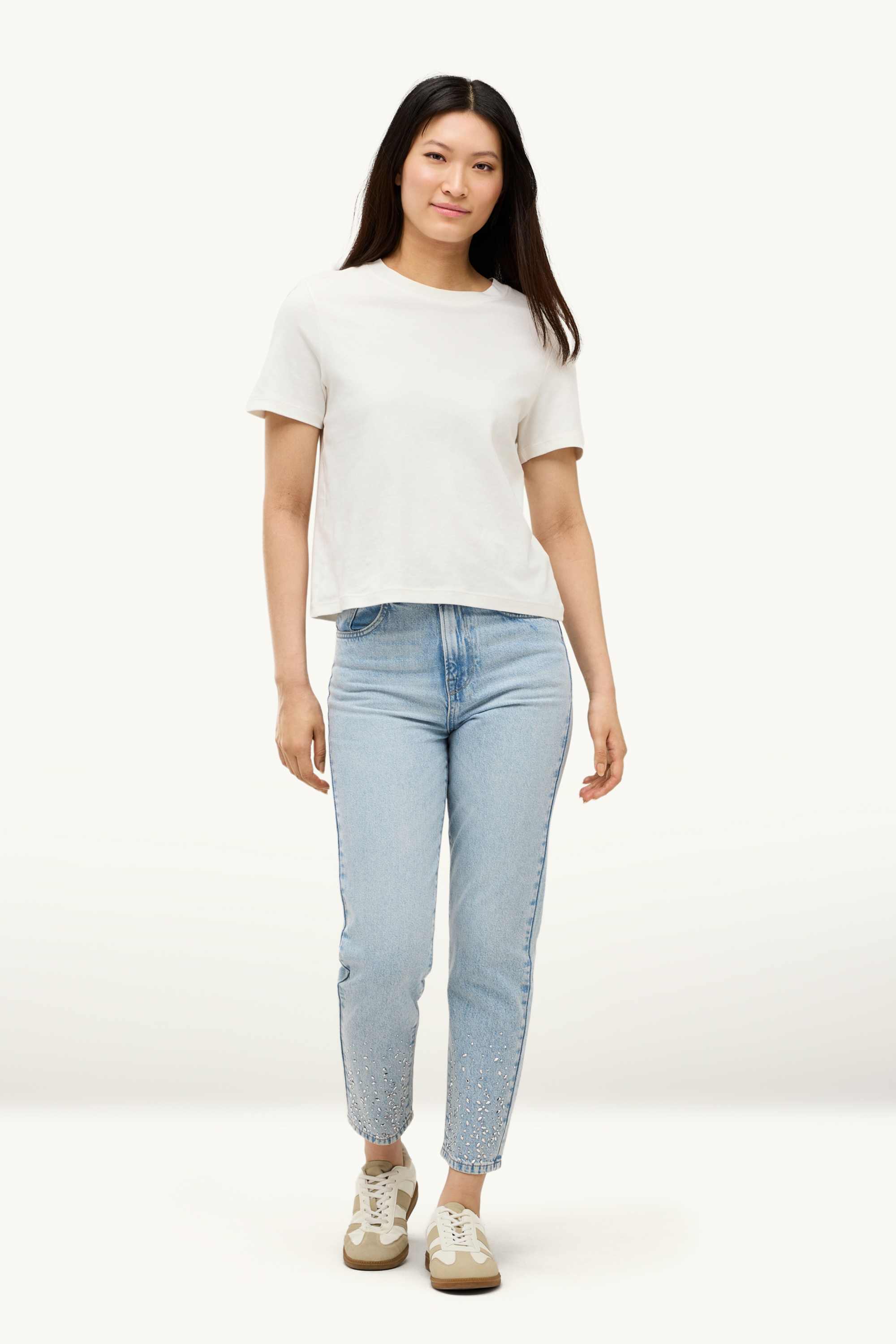 Mom jeans with rhinestones - high waist light blue