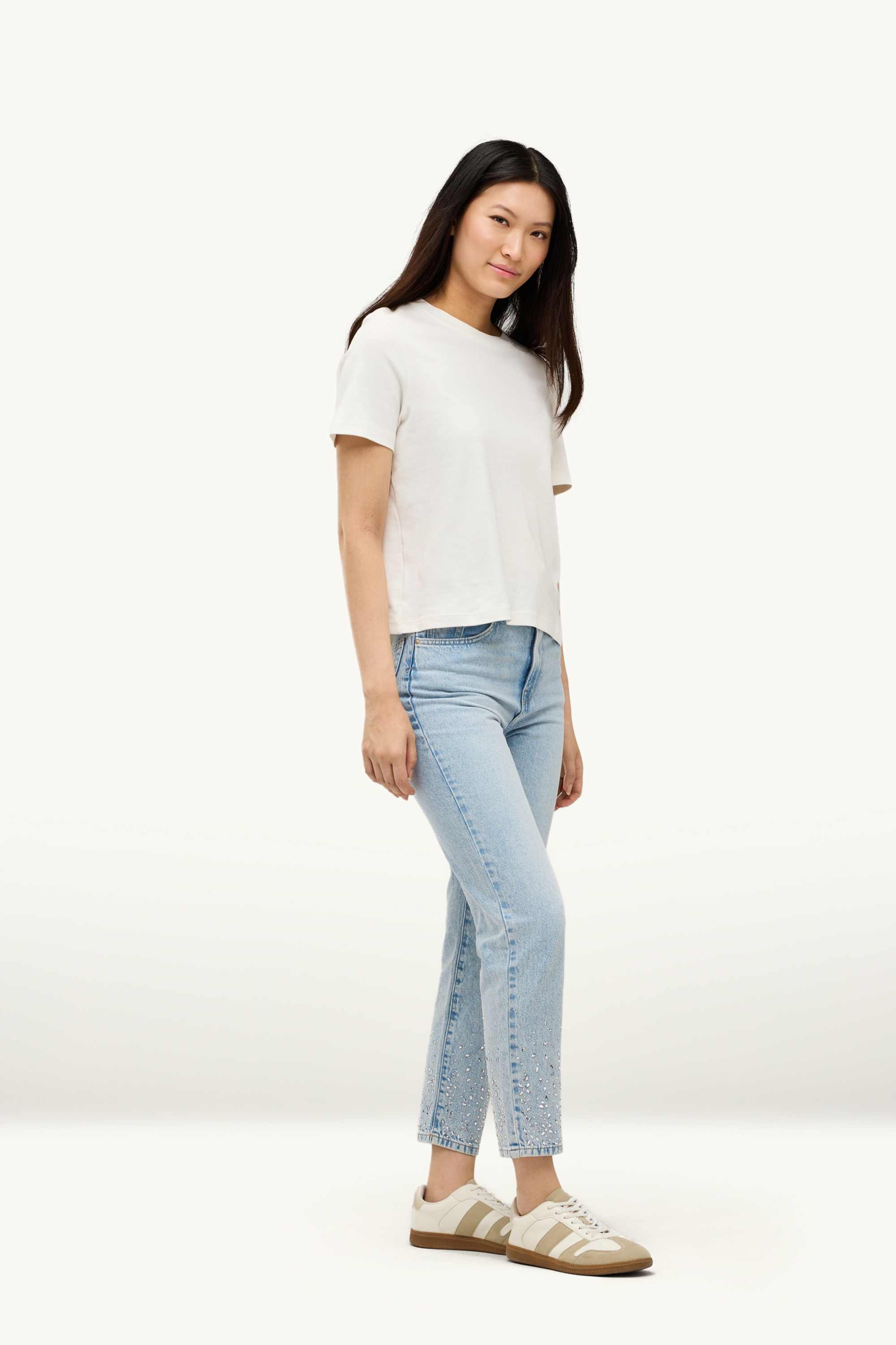 Mom jeans with rhinestones - high waist light blue