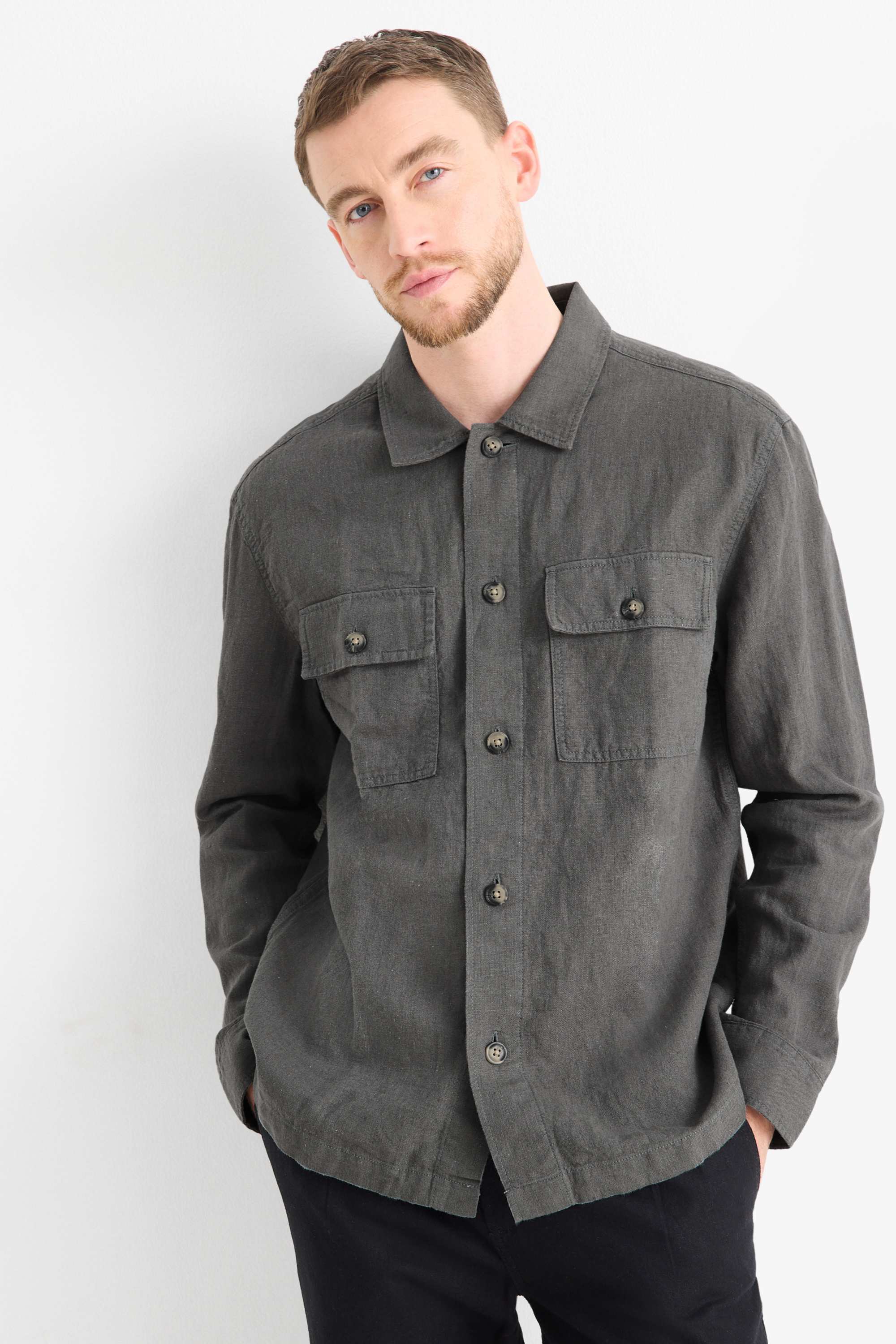 Shirt jacket - regular fit - kent collar - linen blend green