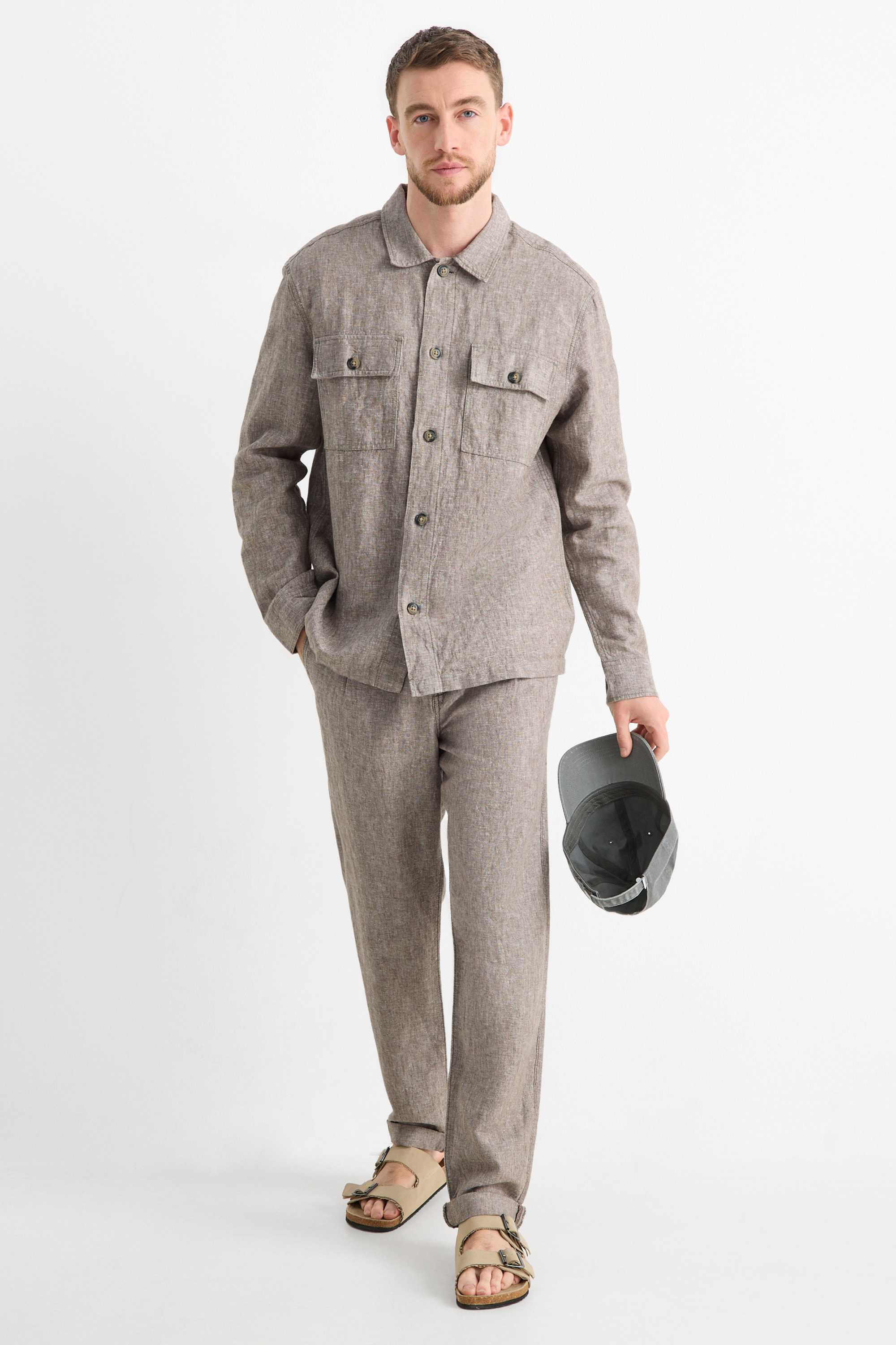 Shirt jacket - regular fit - kent collar - linen blend gray-melange