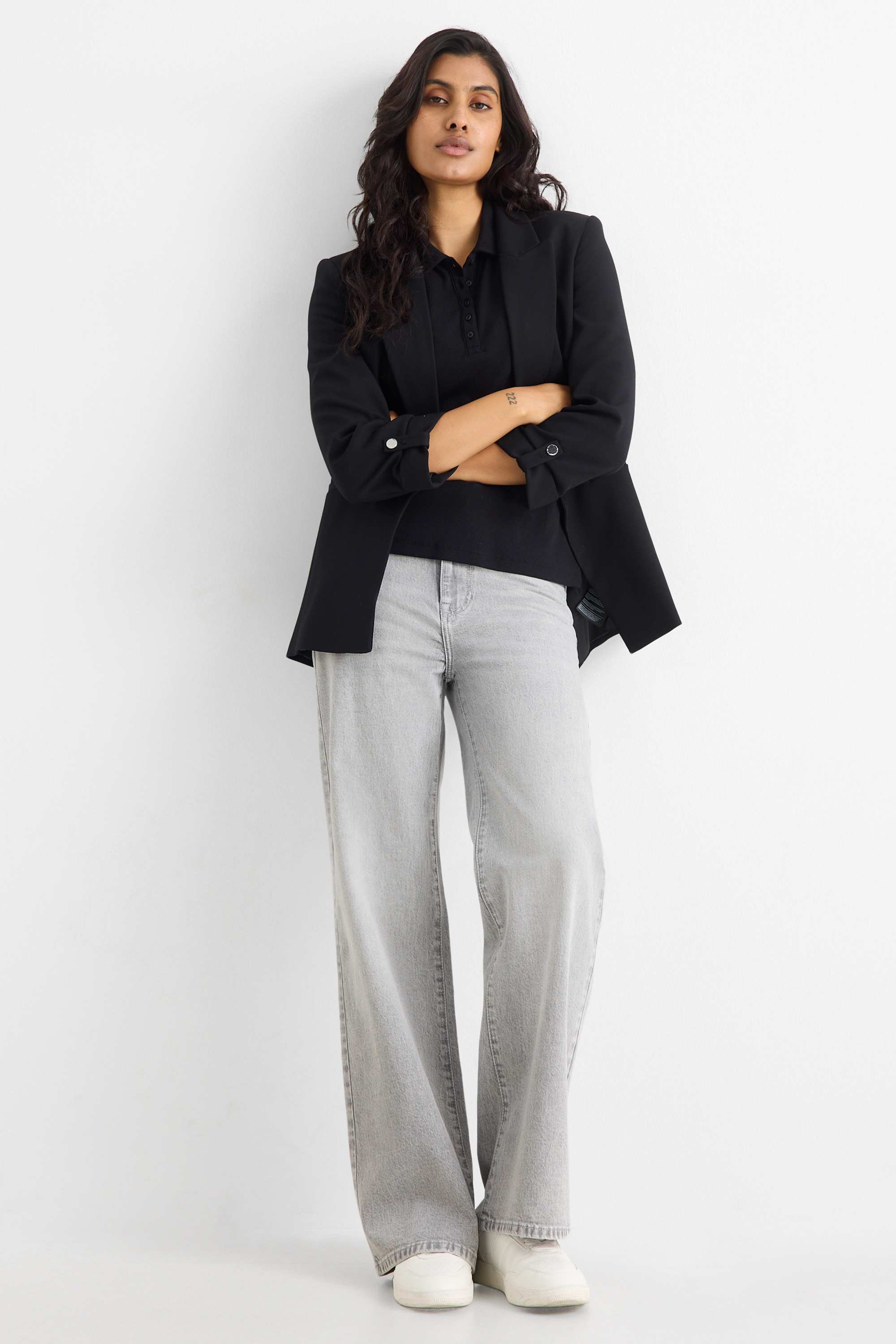 Wide leg jeans - high waist denim-light gray