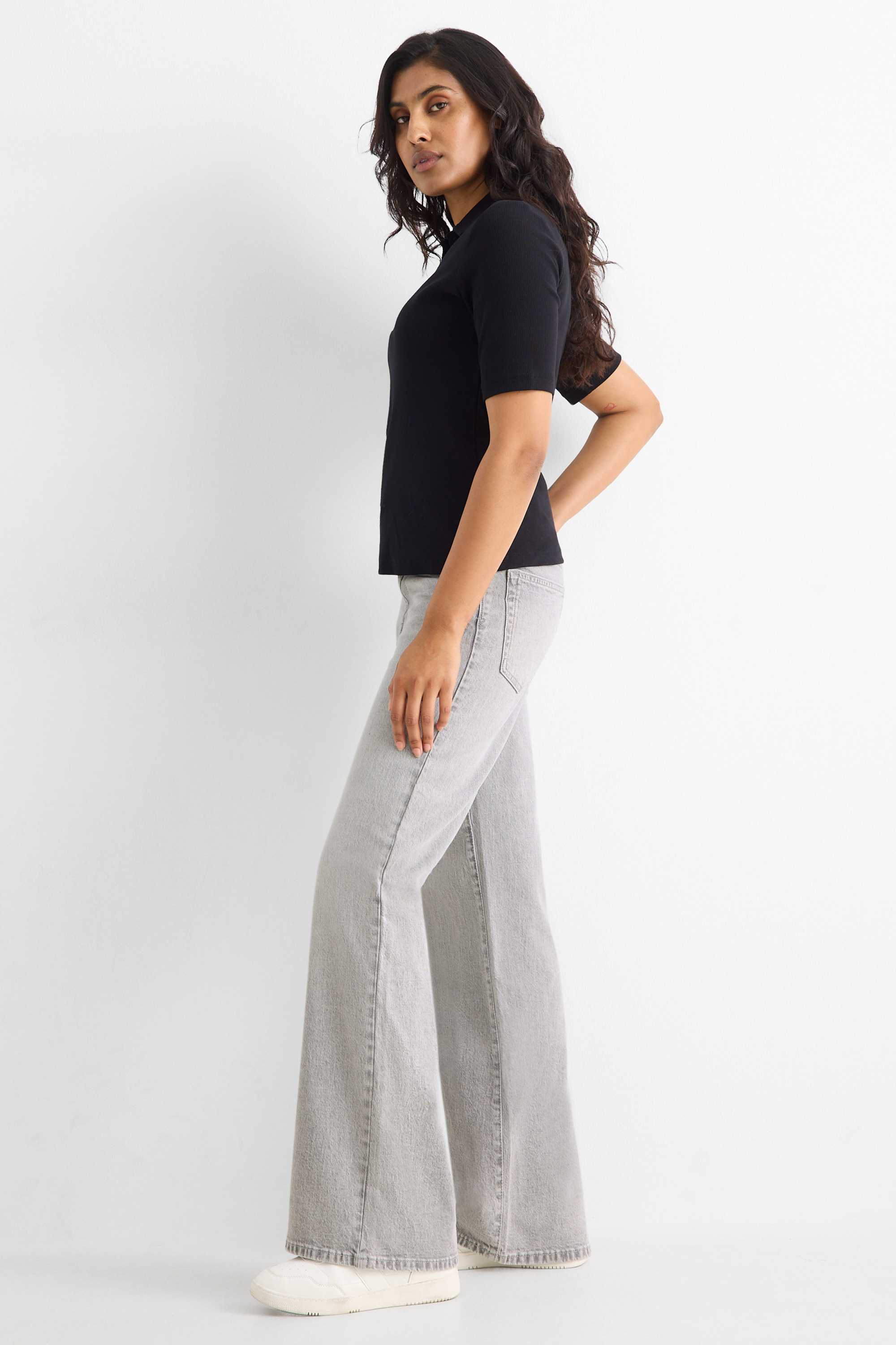 Wide leg jeans - high waist denim-light gray