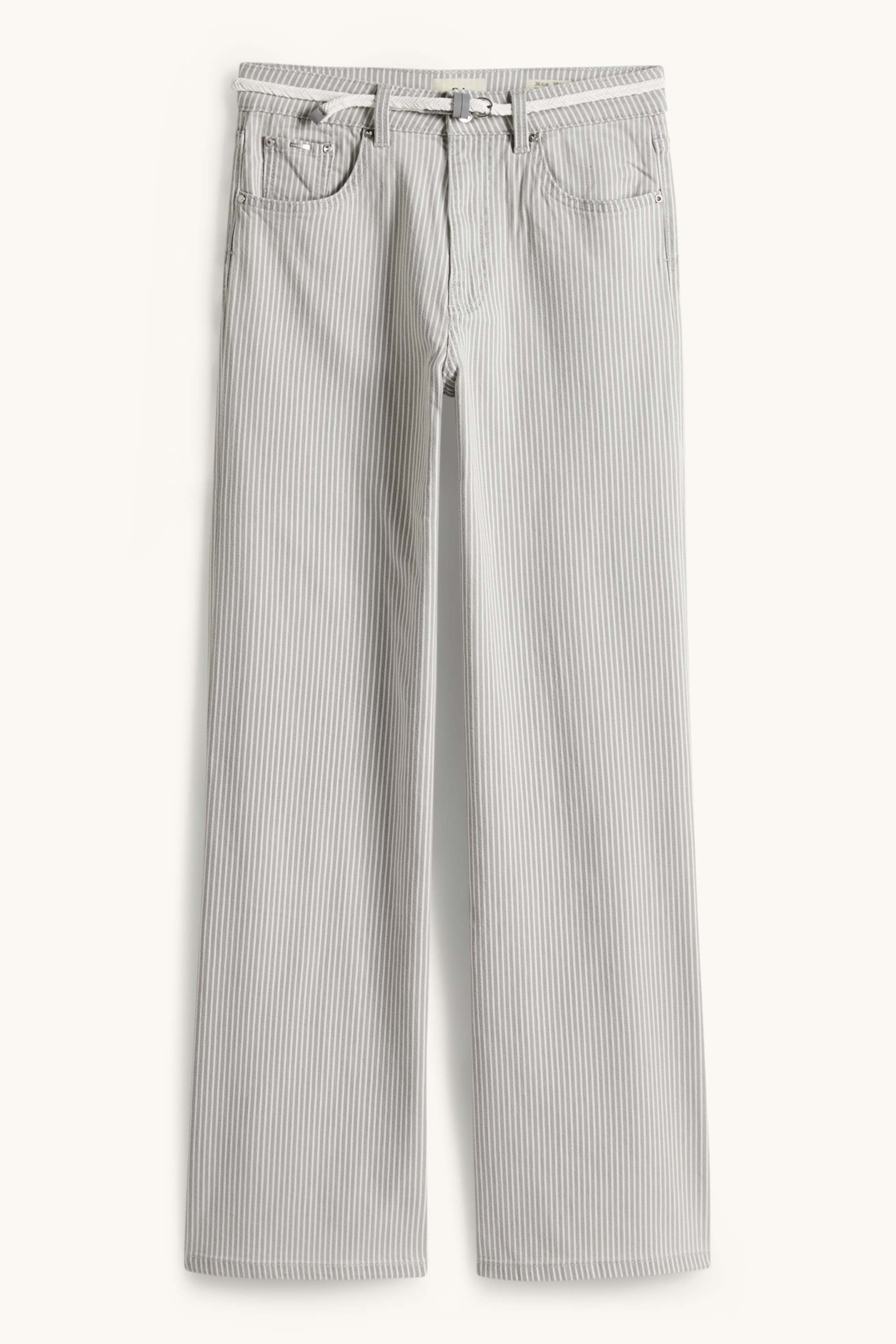 Wide leg jeans with belt - mid-rise waist - striped white / gray