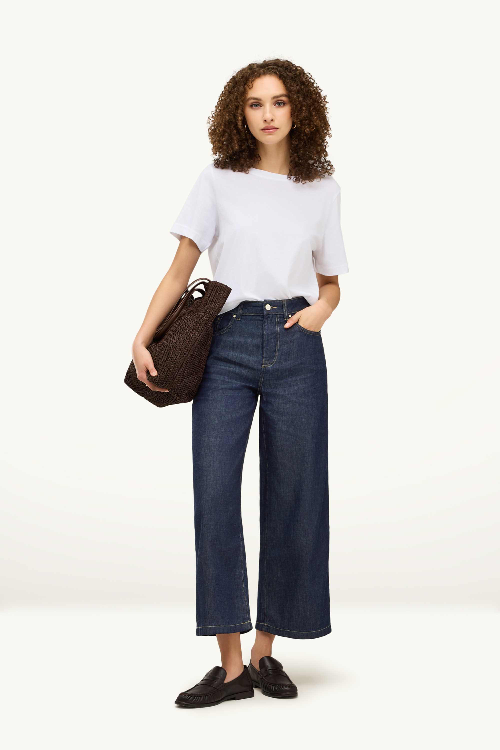 Cropped wide leg jeans - mid-rise waist denim-dark blue