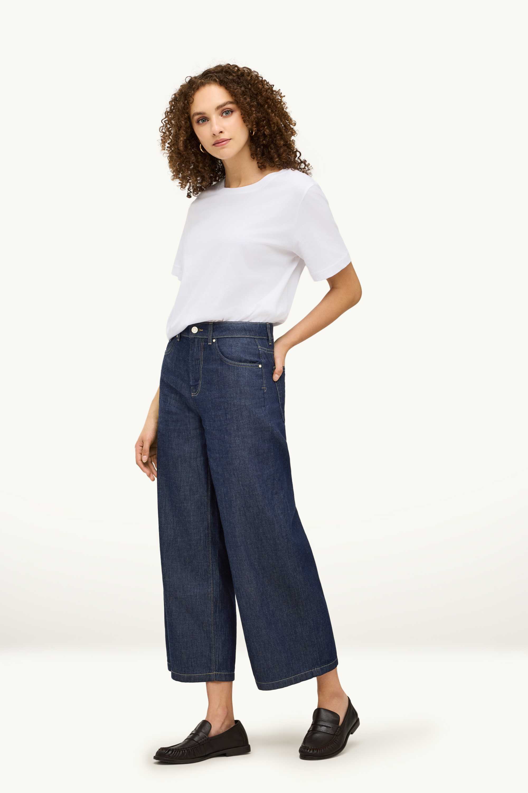 Cropped wide leg jeans - mid-rise waist denim-dark blue