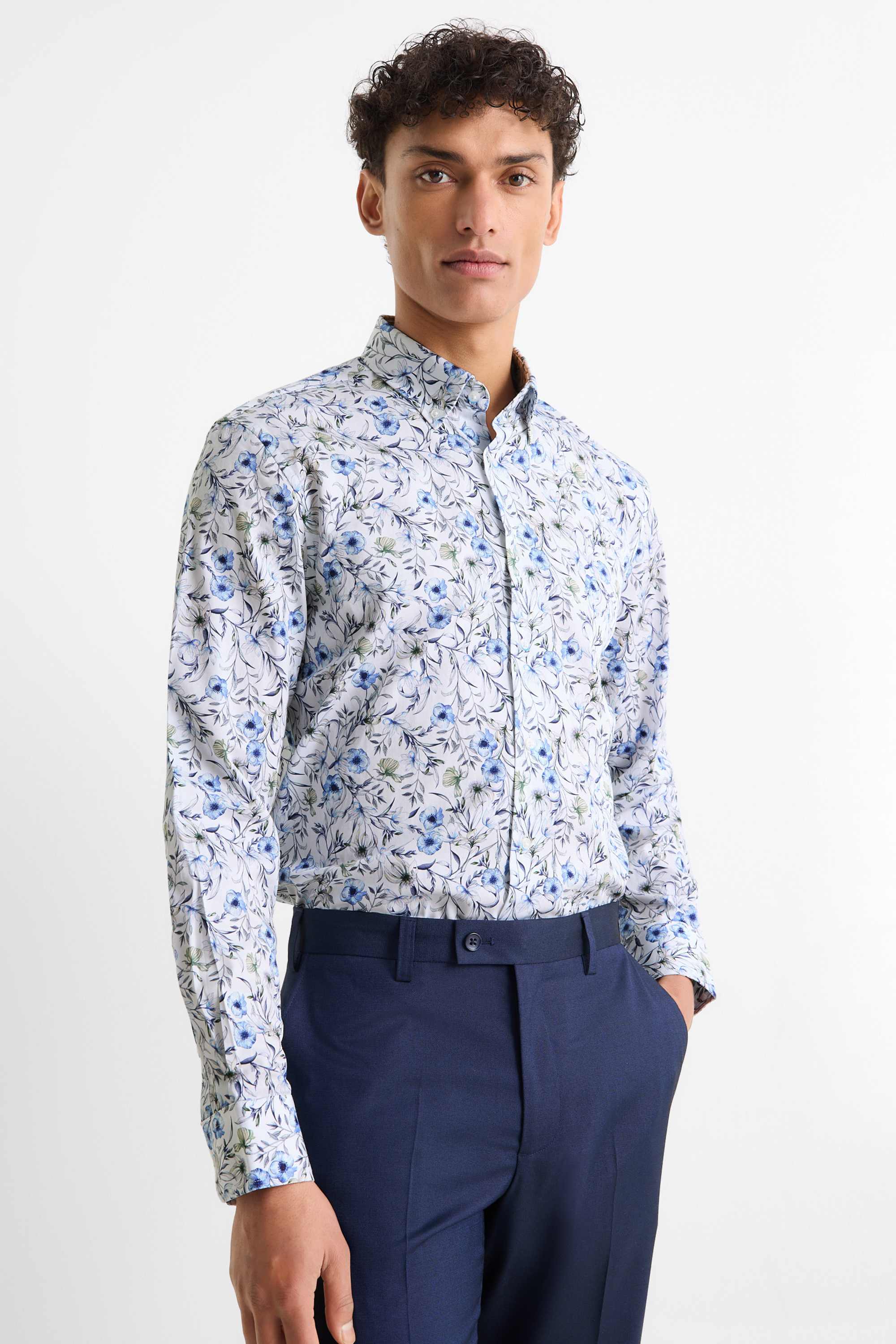 Business shirt - regular fit - button-down collar - patterned dark blue / white