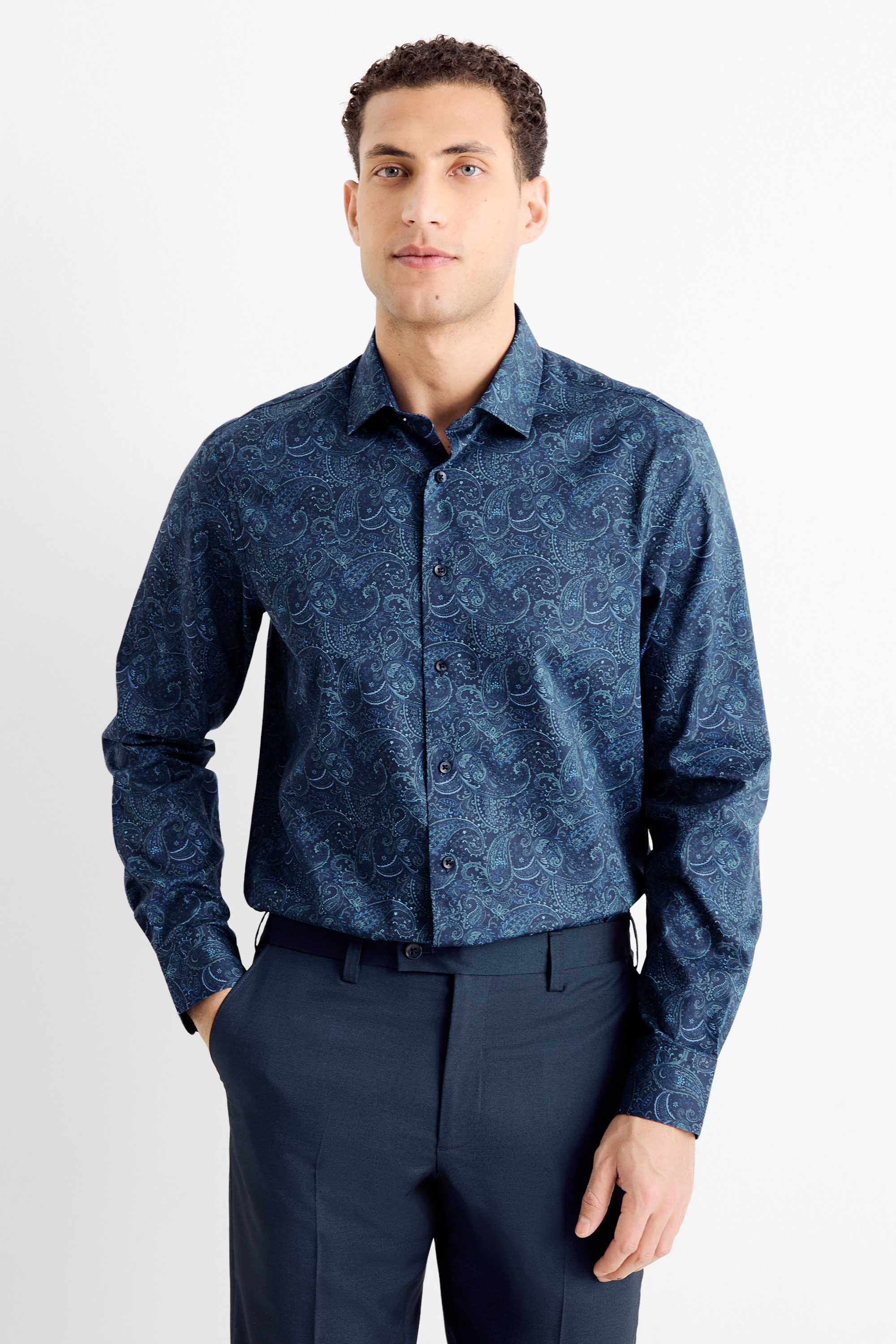 Business shirt - regular fit - kent collar - easy-iron - patterned dark blue