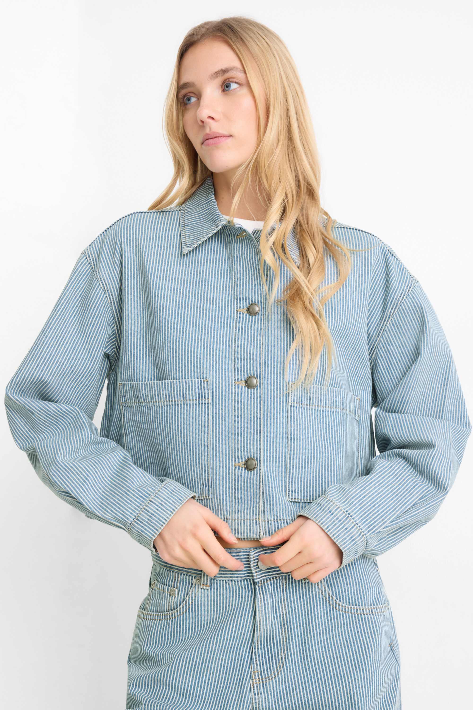 Denim shirt blouse - striped white / blue