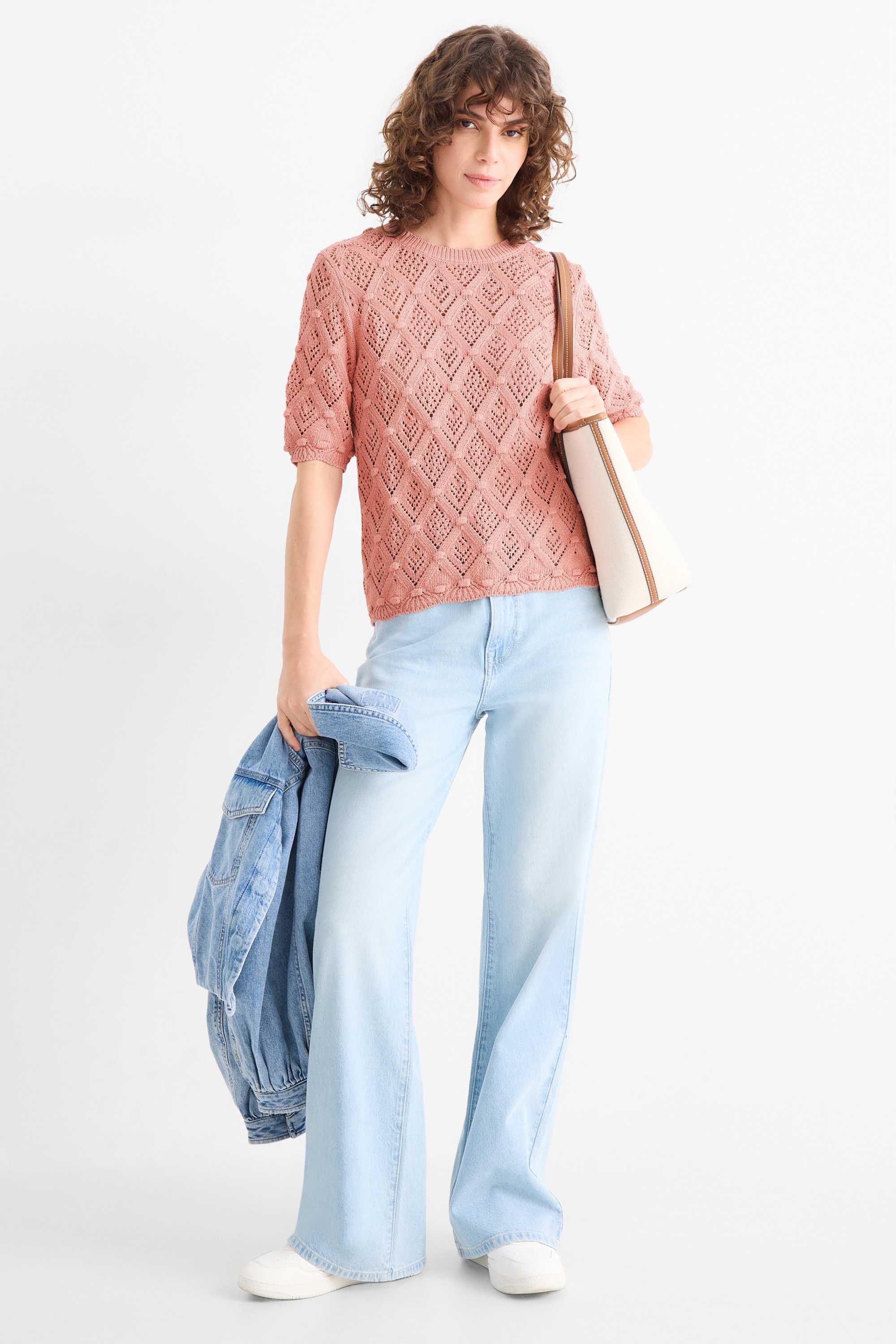 Knitted jumper - short sleeve dark rose