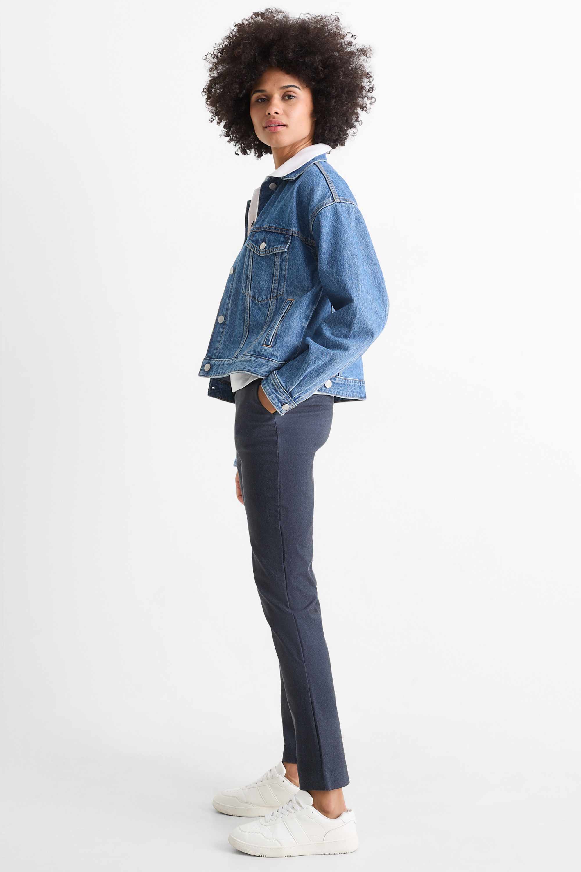 Cloth trousers - mid-rise waist - tapered fit - denim look dark blue