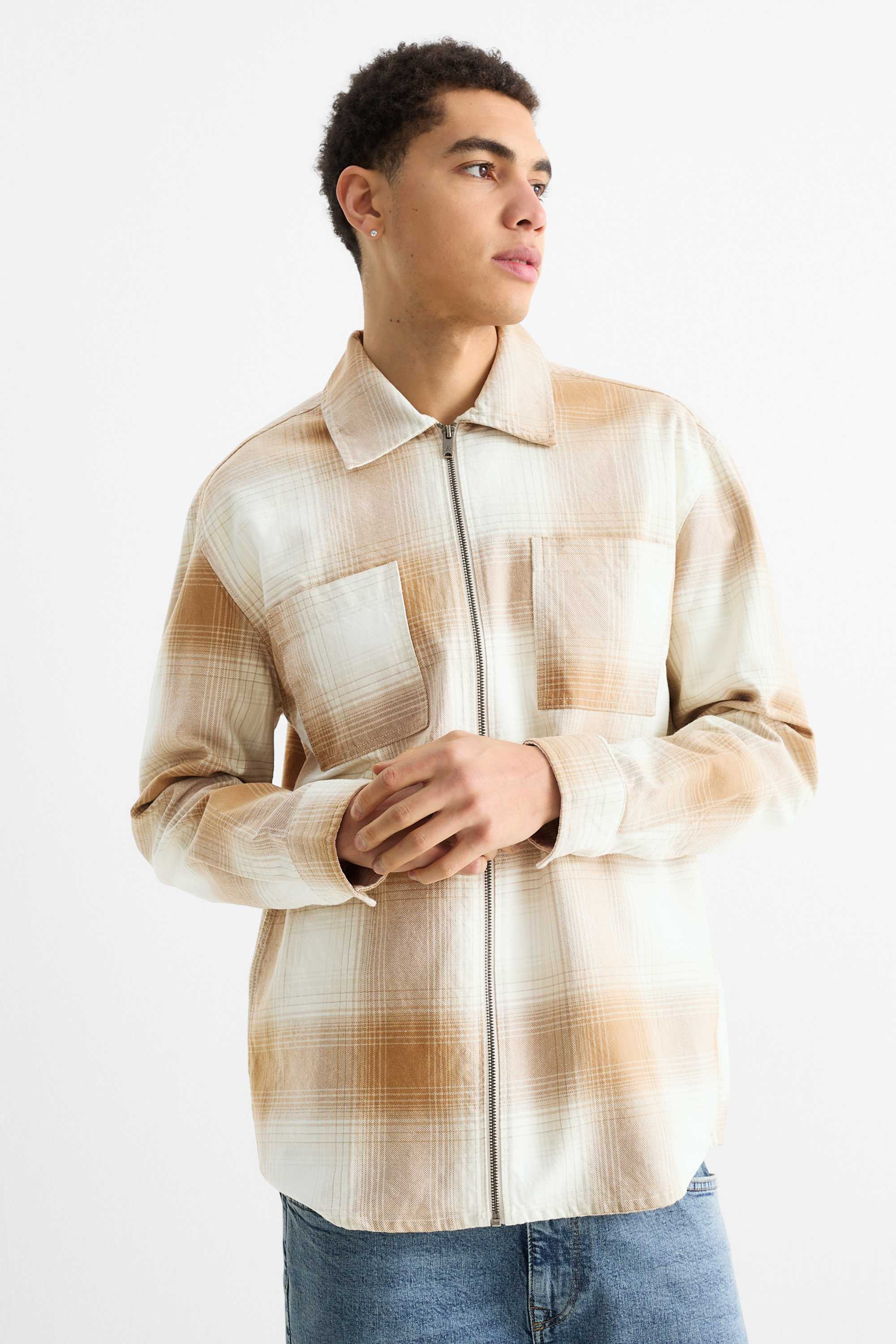 Shirt jacket - relaxed fit - kent collar - check white / beige