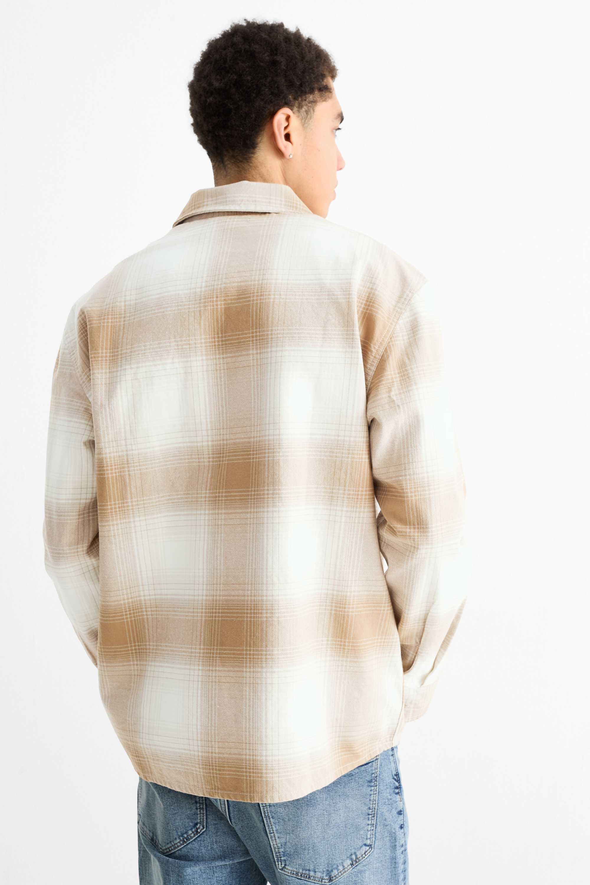 Shirt jacket - relaxed fit - kent collar - check white / beige